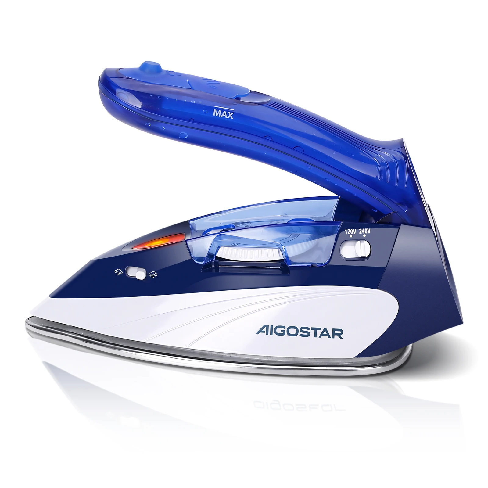 AIGOSTAR Plancha de Viaje Plancha Vapor, Asa plegable, Suela de Acero Inoxidable, Selector de Temperatura (Depósito 80ml, Doble Voltaje 120V-240V, 1100W)