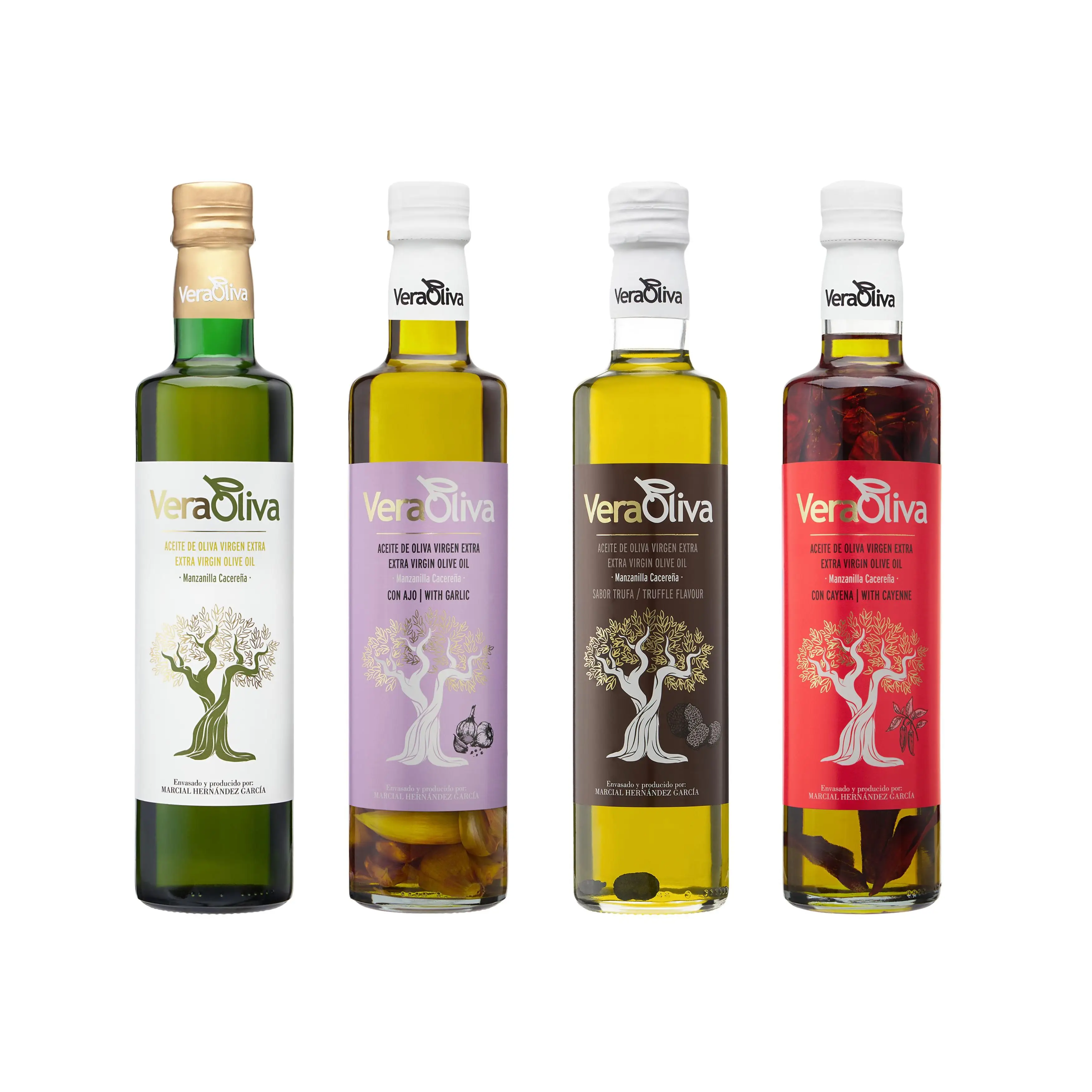 Pack Gourmet VeraOliva - Aceite de Oliva Virgen Extra - AOVE Natural, Ajo, Cayena y Trufado (4x500ml)