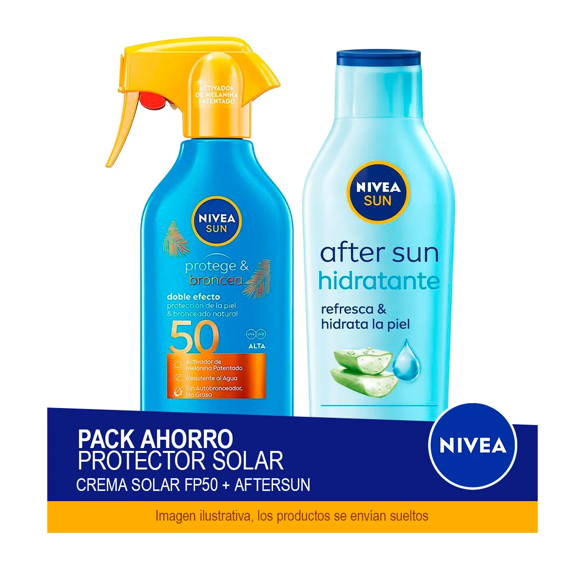 NIVEA SUN Pack ahorro - Contiene Protege y Broncea Spray Solar FP50 270ml + After Sun Loción Hidratante 400ml
