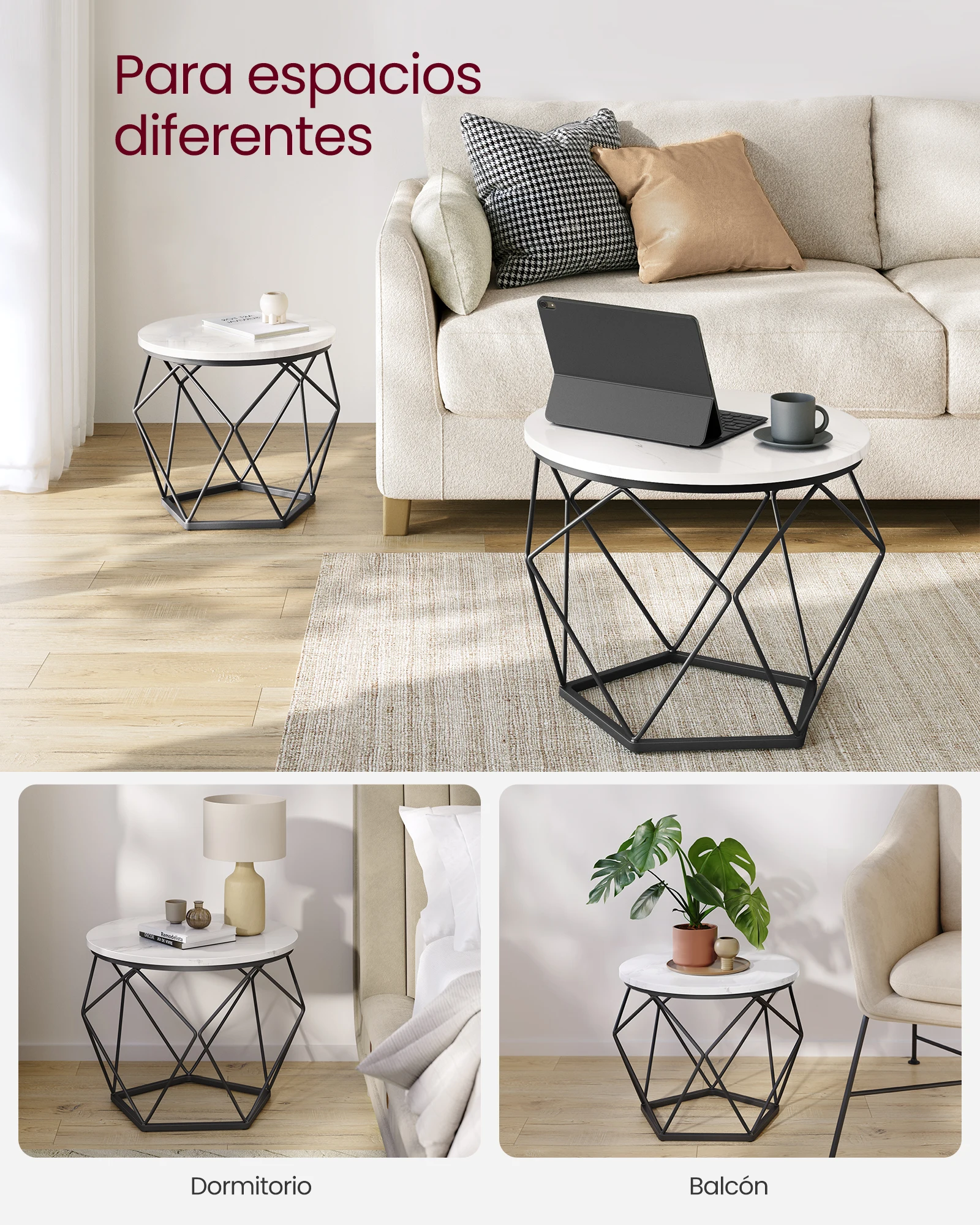 Vasagle round coffee table, set of 2 side tables, modern style, removable top, steel frame, for living room, black and white/snow white and cloud white/greige and black/honey brown and cloud white/rustic brown and black /black