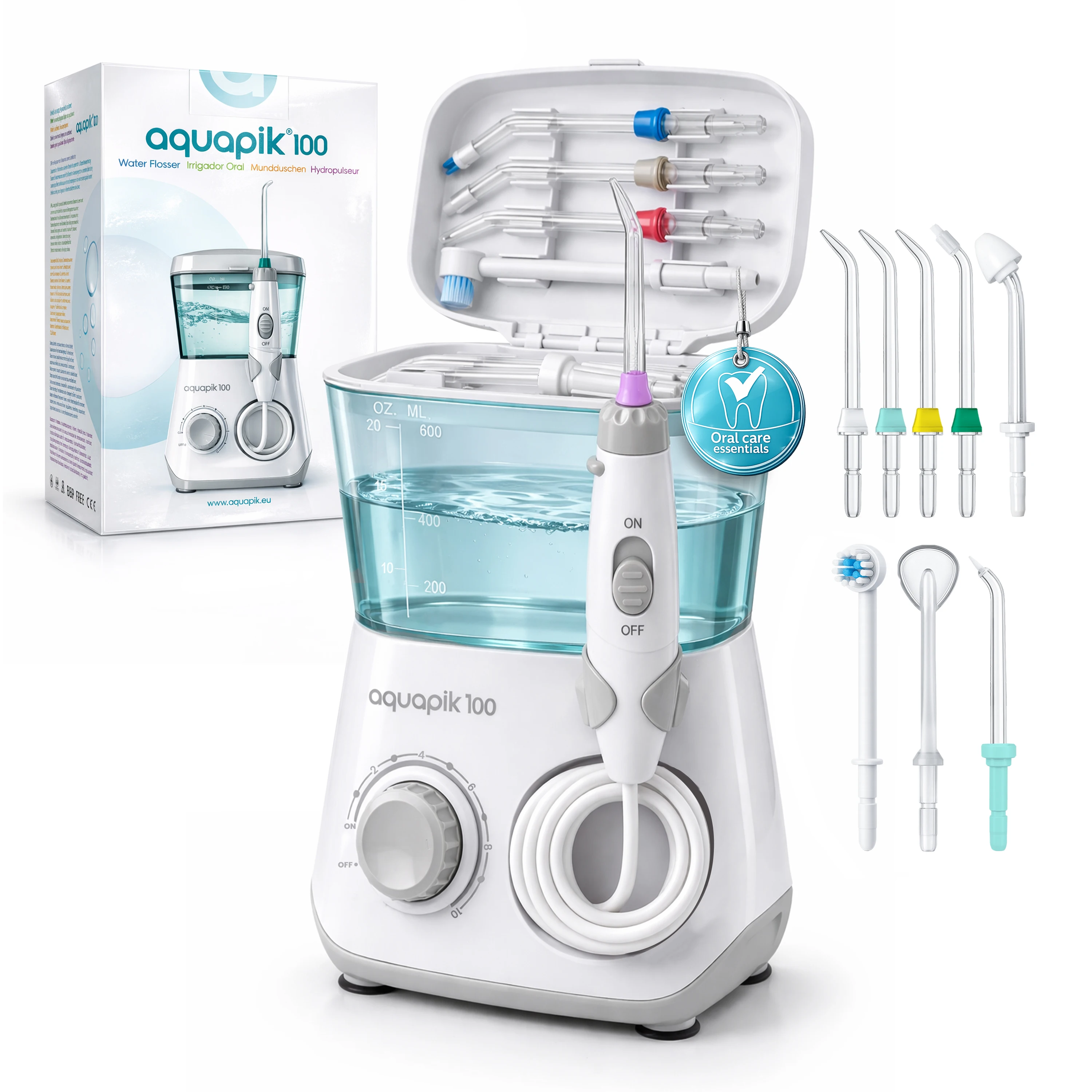 Irrigador dental Aquapik100® profesional waterflosser limpieza profunda 10 niveles de presión 8 boquillas depósito 600ml para encías sensibles ortodoncia puentes implantes elimina placa dental Blanco
