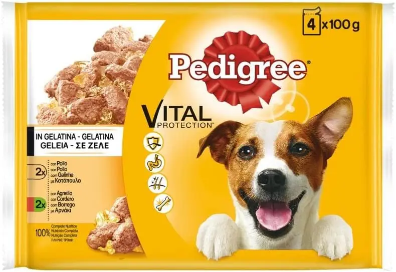 Pedigree moist dog food in jelly flavors chicken and lamb, Multipack (13 Packs x 4 sachets x 100g)