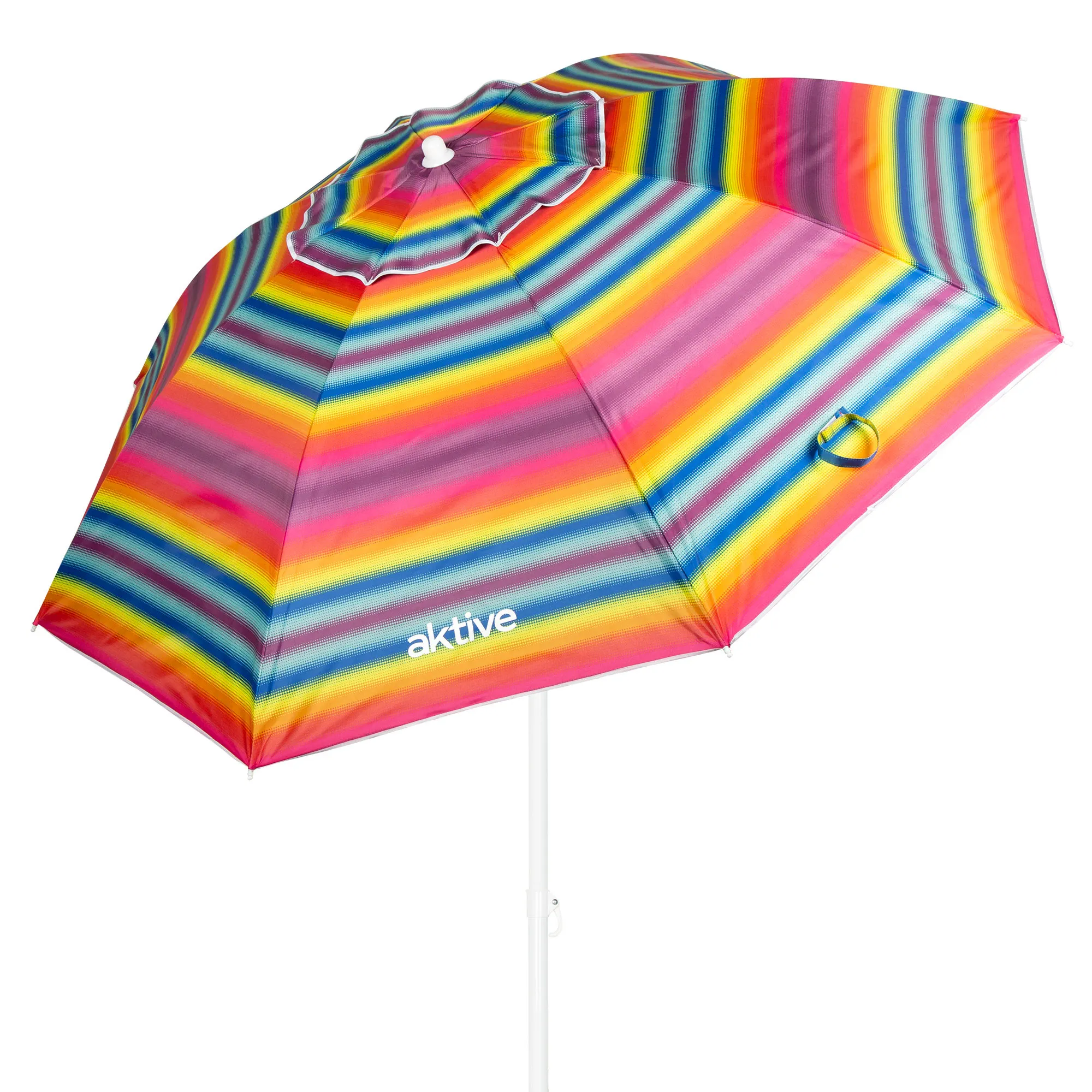 Aktive - Sombrilla de playa, antiviento, diseño de rayas multicolor, 8 varillas de fibra de vidrio, protección UV50, revestimiento plateado, mástil de metal, sistema de inclinación, ventilación