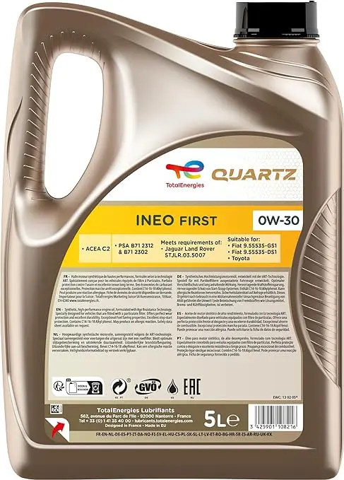 Total Quartz Ineo First 0W-30 Fully Synthetic Low Saps Car Motor Oil, 5L