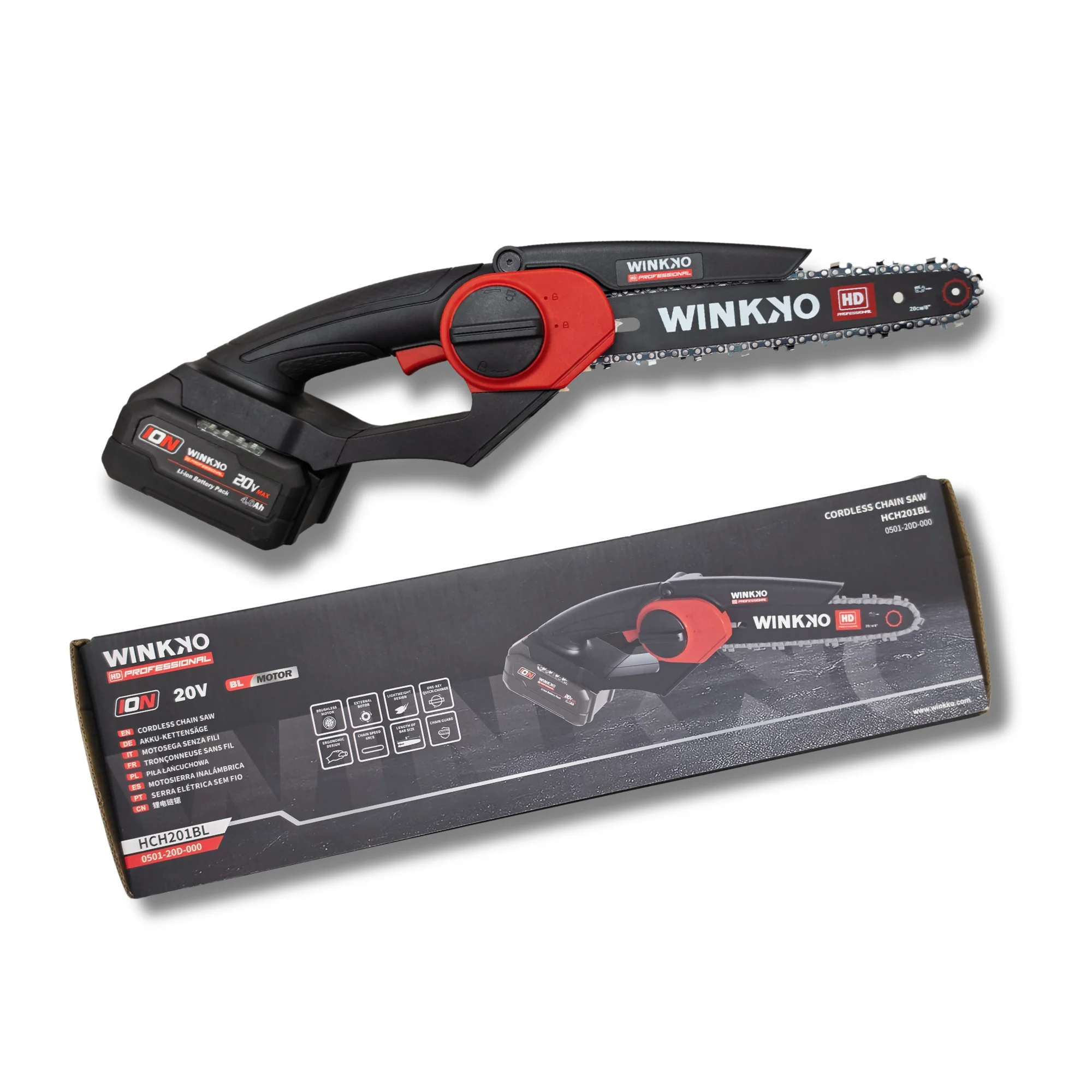 Motosierra Eléctrica 8” Compacta 20V Brushless con Batería 4.0Ah Cargador y Protector de Seguridad