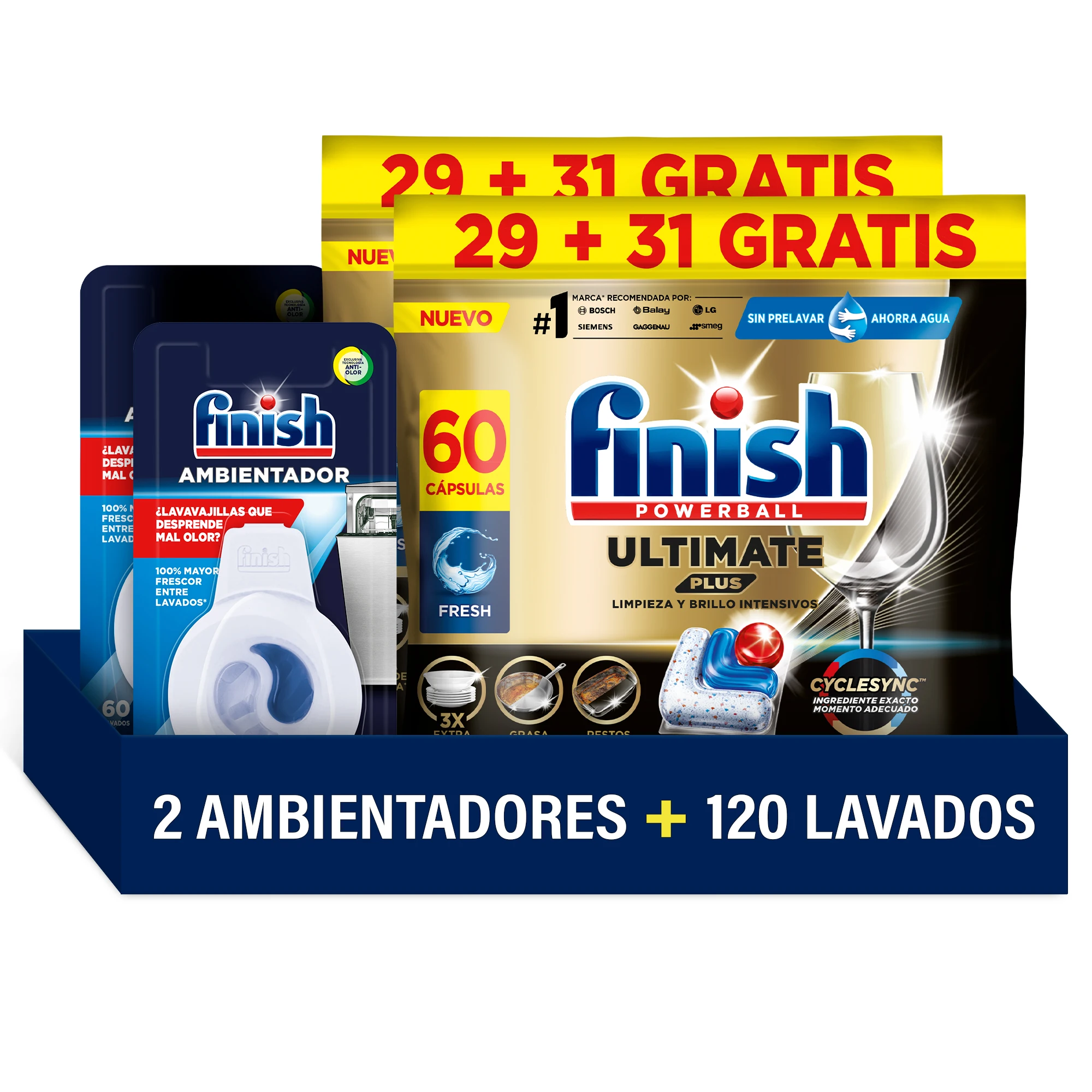 Finish Powerball ULTIMATE PLUS ALL IN 1 x120 Pastillas para Lavavajillas + 2x Ambientador Fresco, Limpieza Intensiva, Elimina Restos Quemados, Brillo Diamante, Cuida y Protege