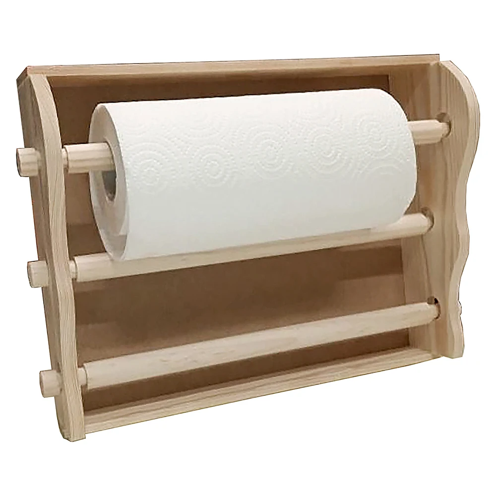 Porta Rollo de Cocina Triple de Madera Natural. Tamaño: 35,7x29,5x9,3 cm. Soporte de Madera para Cocina, Perfecto para Rollo de Papel, Papel de Aluminio, Papel de Cocina, Film Transparente. Porta