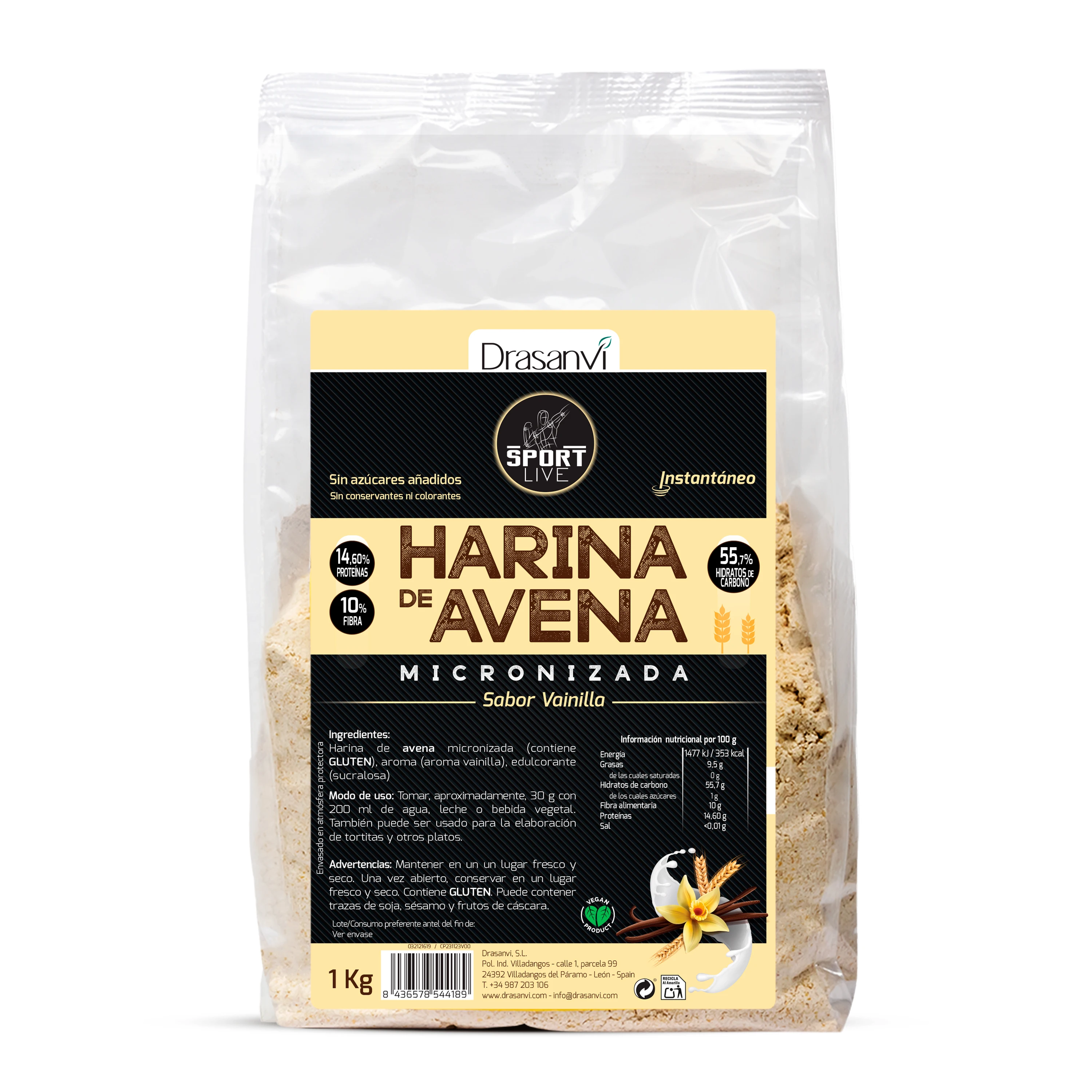 Harina Avena sabor Vainilla - 1Kg - Sport Live - Drasanvi