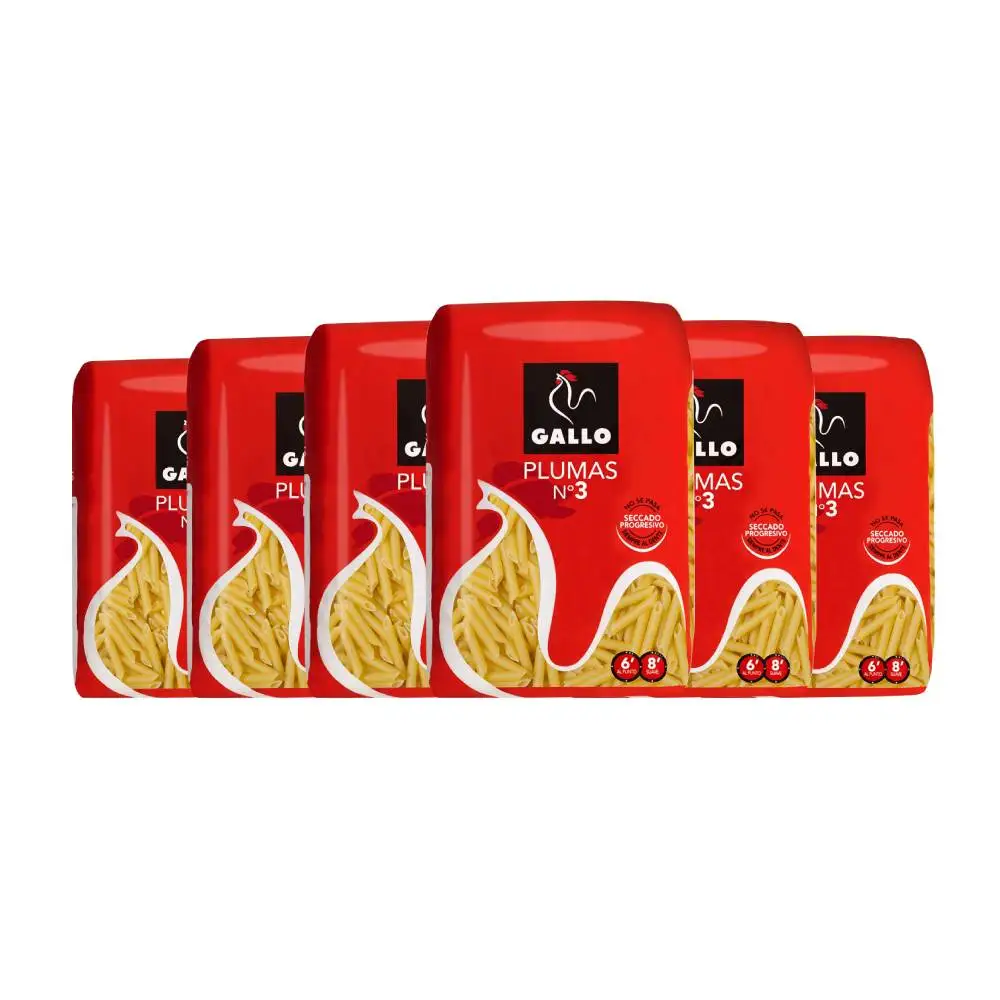 Macarrones plumas nº 3 Gallo 450 g pack de 6 paquetes