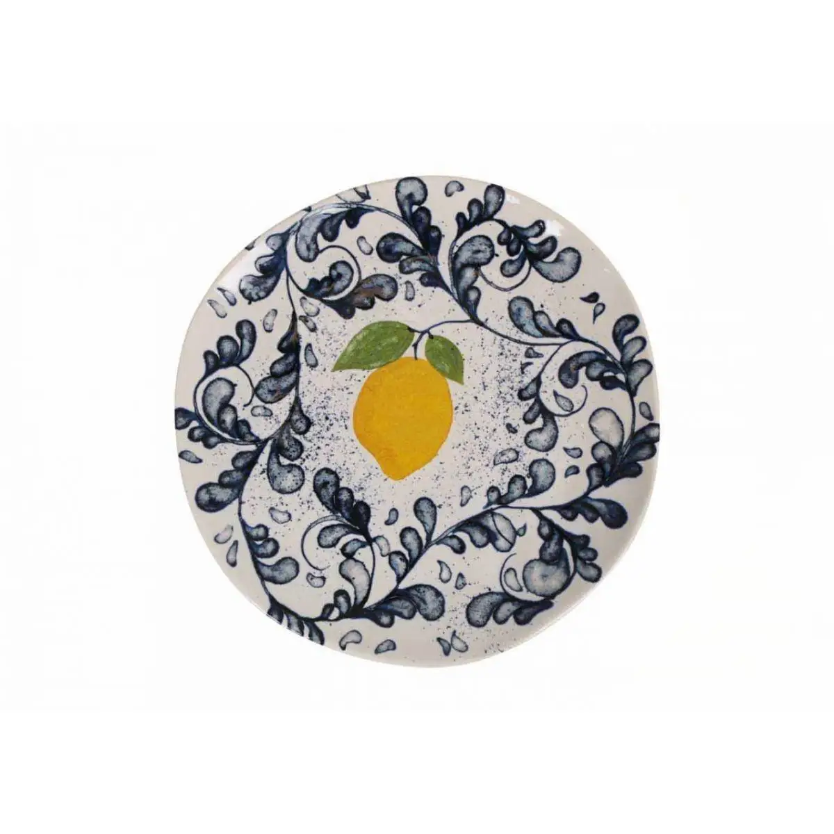 LA MEDITERRÁNEA – Set de 4 Platos Llano 26 cm con dibujo limón, cerámica estilo mediterráneo, borde irregular. Apto para microondas y lavavajillas
