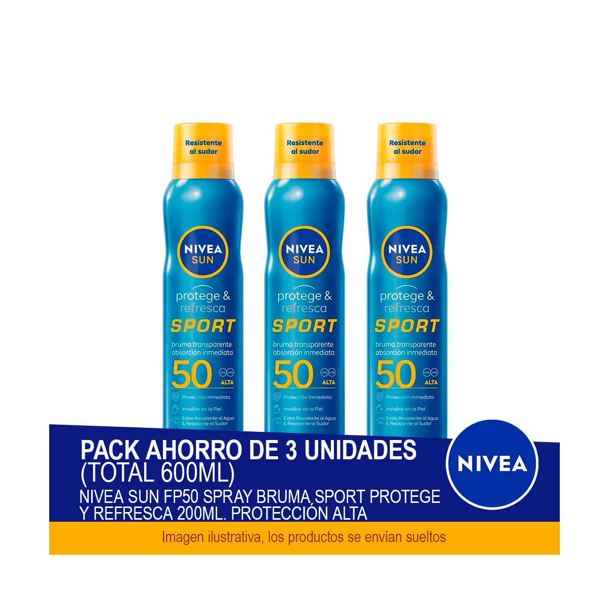 NIVEA SUN FP50 Spray Bruma Sport Protege y Refresca 200ml. Protección alta - Pack ahorro de 3 unidades (total 600ml) — oferta en AliExpress