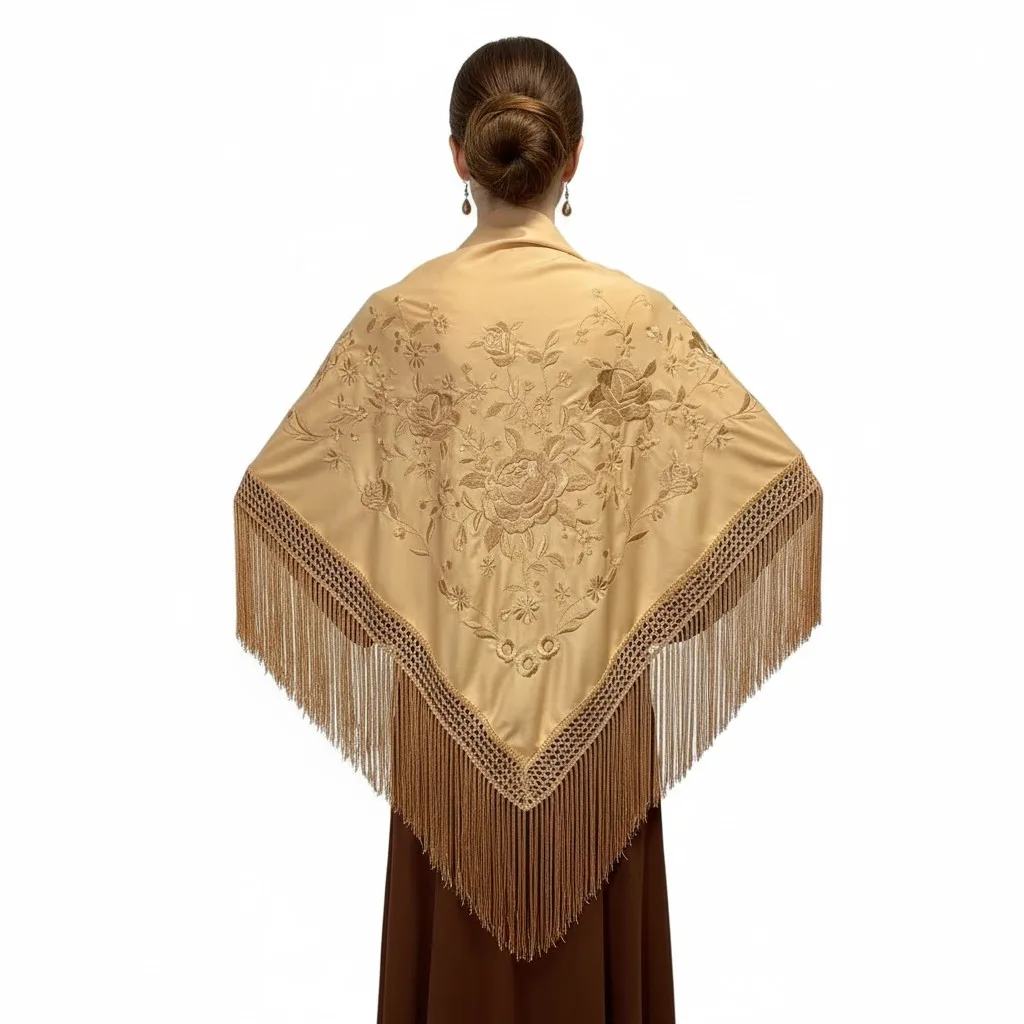 Manton de flamenco de color beige anaranjado/naranja pastel con los bordados de floral mismo tono