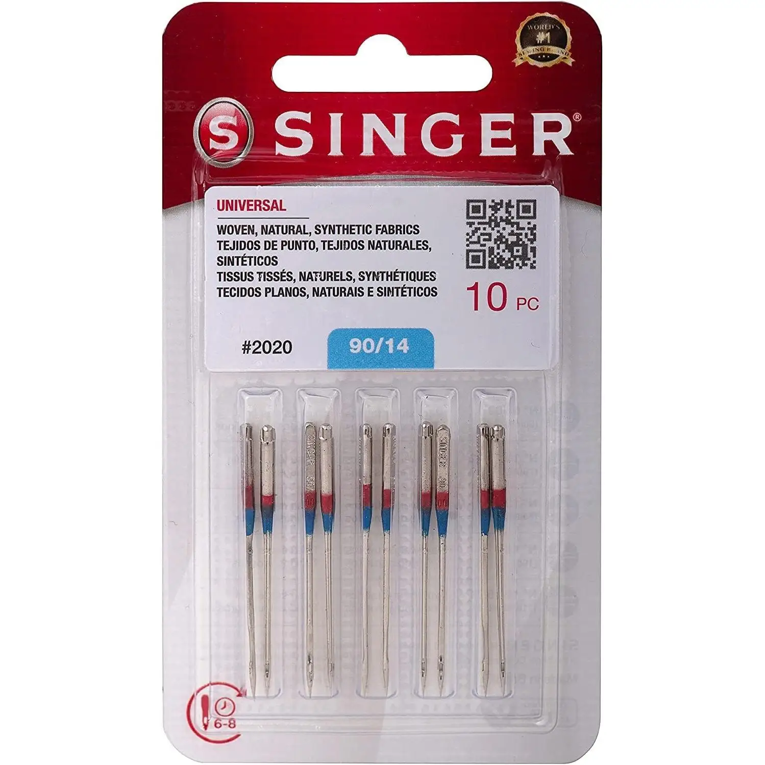 Singer - Estuche 10 agujas universales 2020 Nº90/14 para máquinas de coser domésticas sistema 130/705H, ideales para telas de grosor medio como algodón y poliéster