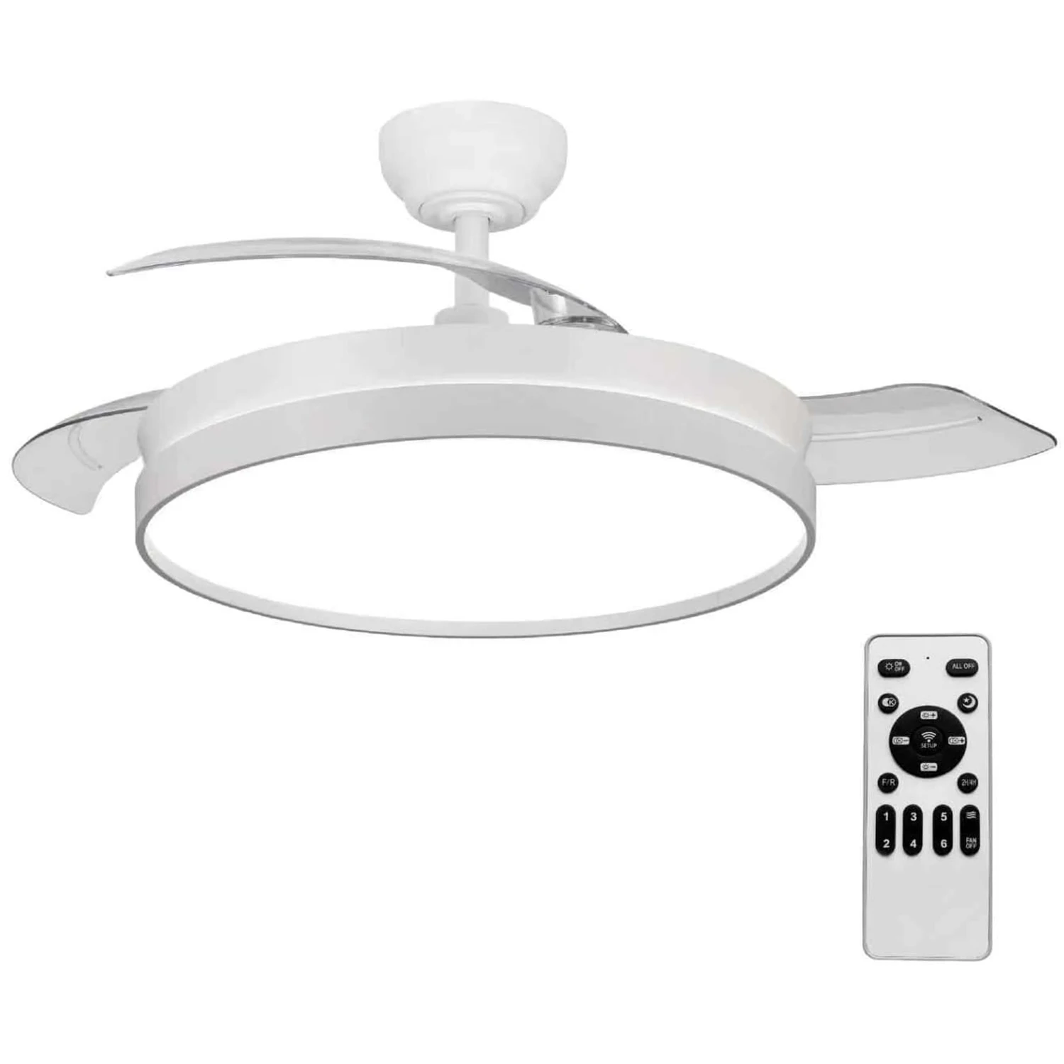 OStarkDom Ventilador de Techo con Luz LED Retráctil 106cm, Motor DC 30W + Luz LED hasta 60W (Potencia Total 90W), Sin APP, Control por Mando a Distancia, 6 Velocidades, Temporizador, 3 Temperaturas de