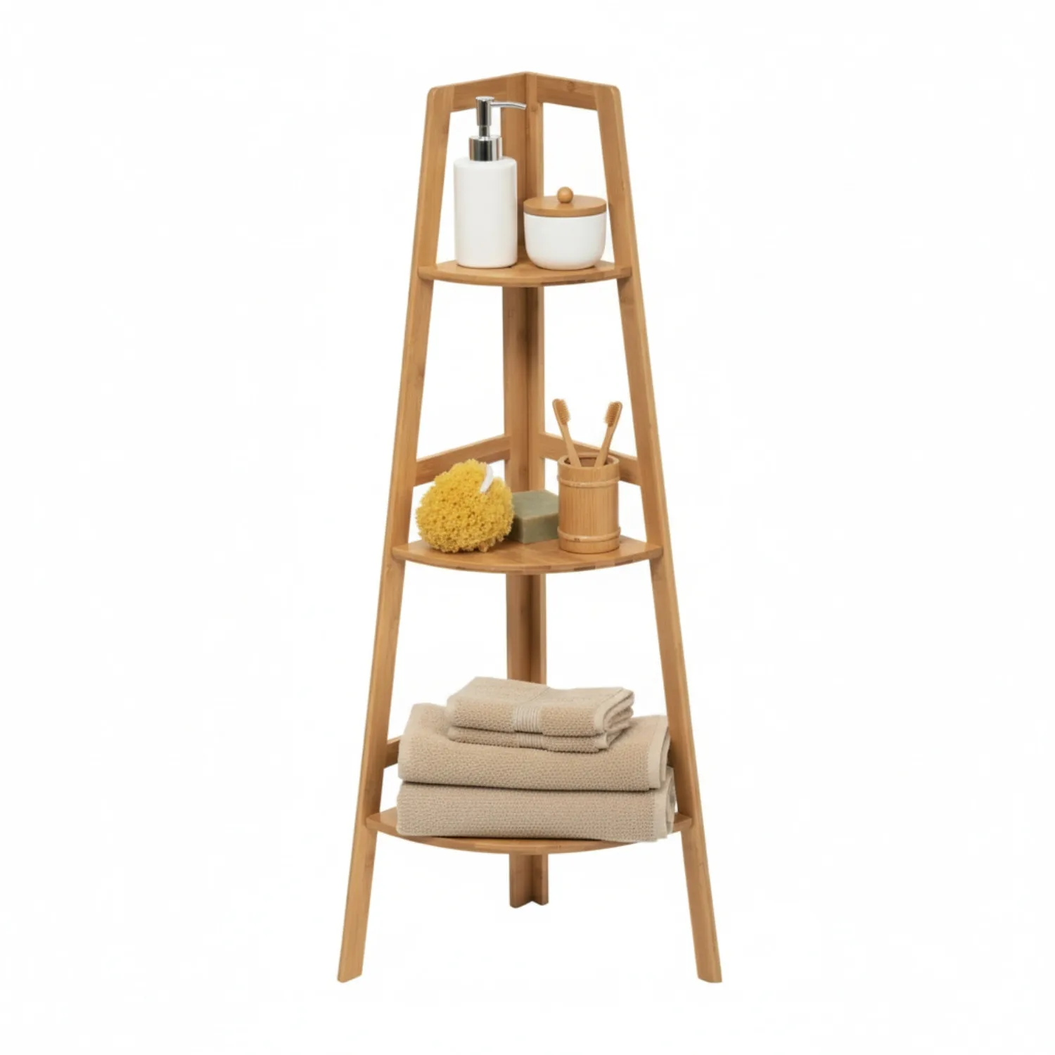 THINIA HOME - Estantería Esquinera de Bambú Natural con 3 Niveles de Almacenaje, Mueble Auxiliar para Baño, Cocina o Salón, Estilo Nórdico, 31.9x31.9x103 cm