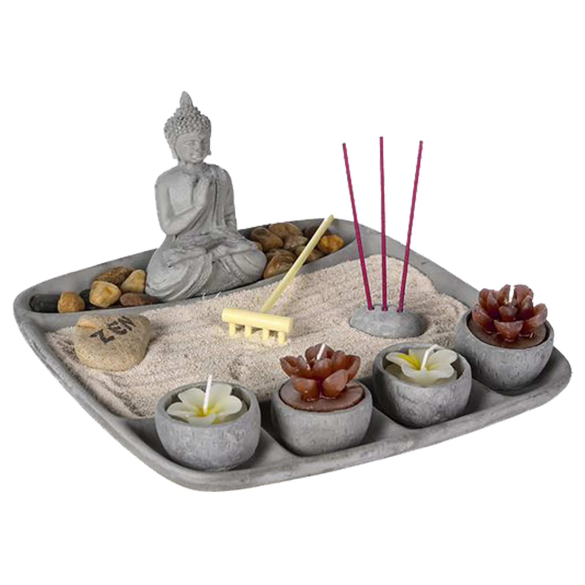 Atmosphera Jardín Zen Cemento 24X24X12 - Set de Buda, Rastrillo y Cuencos Portavelas