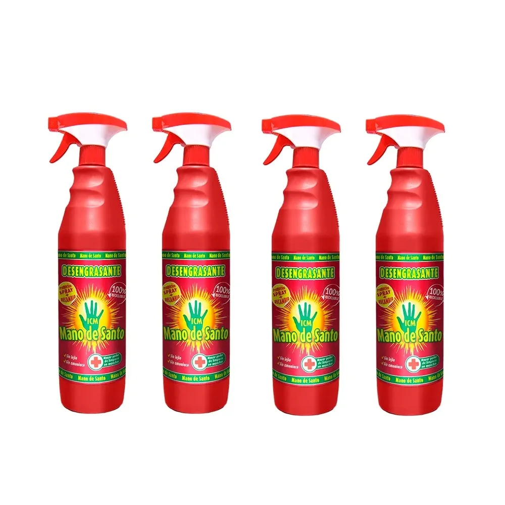 Mano de Santo Desengrasante en Spray 1L (Pack 4 uds) - Potente desengrasante y quitamanchas para la limpieza del hogar y negocios, Apto para variedad de superficies, tejidos y materiales, Sin amoniaco, Potencia Imbatible contra Grasa, Aceite y Óxido