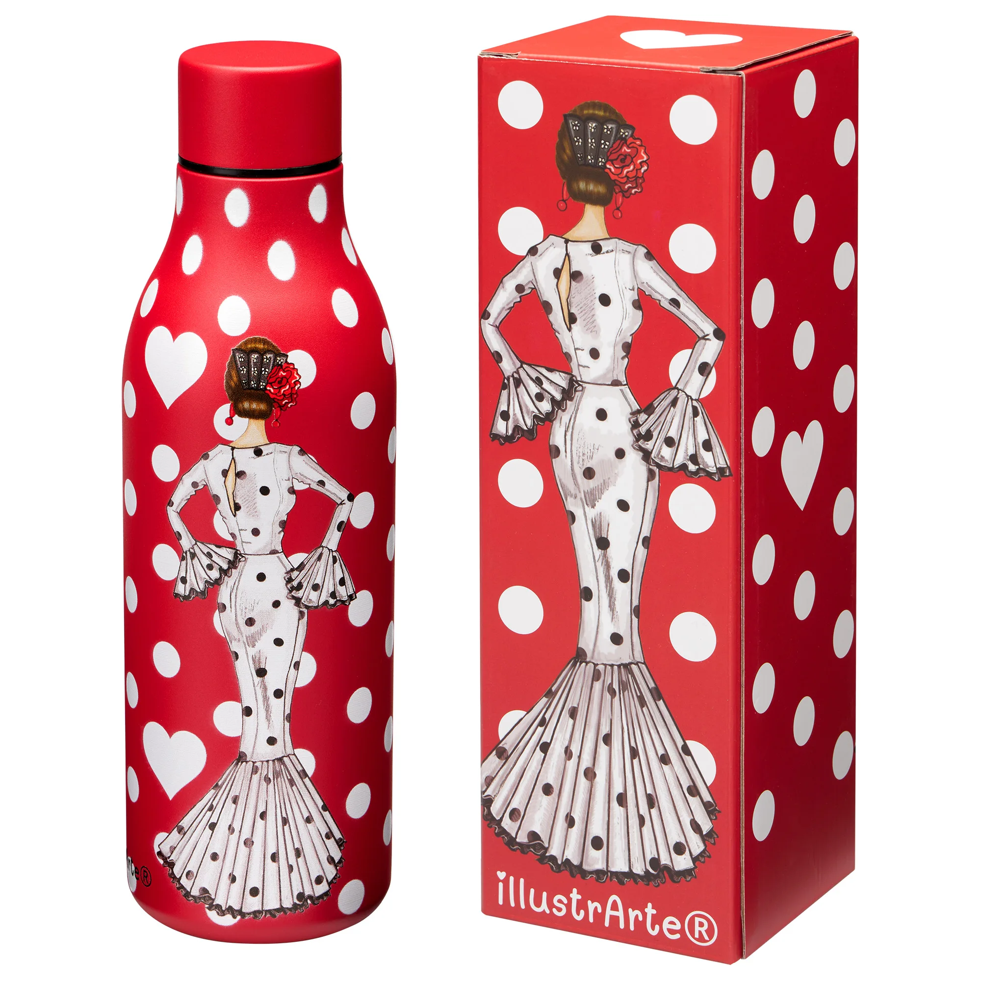 IllustrArte Botella de acero inoxidable 500 ml – modelo María blanco fondo rojo – termo reutilizable – diseño flamenco
