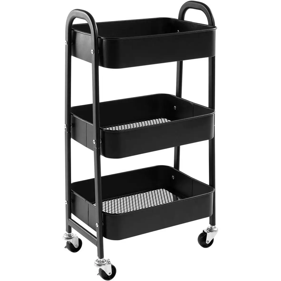 Carrito Auxiliar con Ruedas Carro de Almacenamiento Carro Servicio Carrito Metalico Carro Cocina 3 Niveles Carro Rodante Carro Organizador para Cocina Dormitorio Baño Oficina, Negro