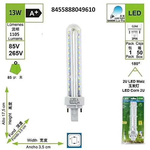 LED corn bulb G24 PLC 2U 13W 6400K Cold Light [Pack of 5] [energy efficiency class F]