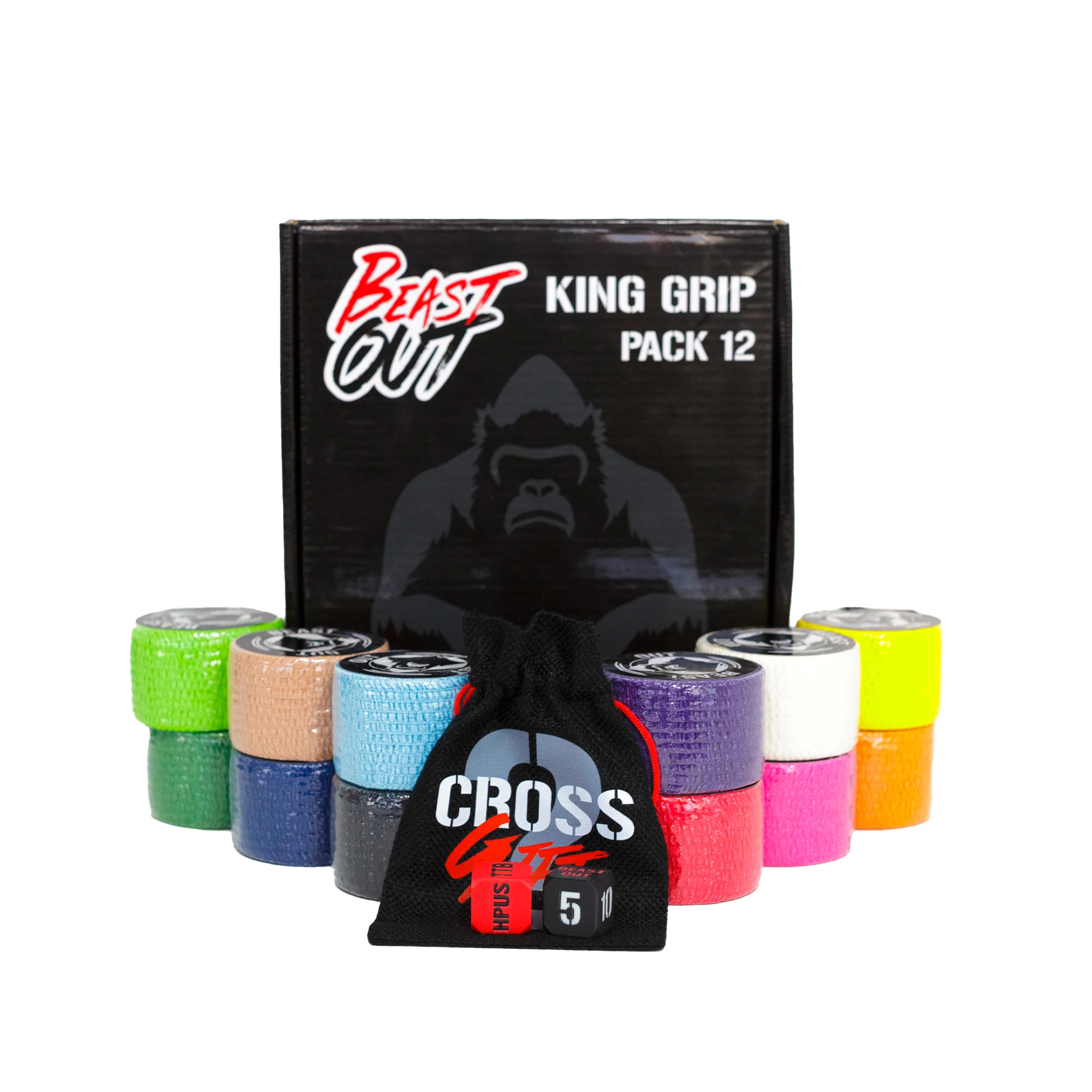 BeastOut Tape King Grip - Pack de 12 Tape Crossfit Premium (4 cm x 6 m), Venda para dedo elástica adhesiva ideal para vendaje deportivo, Tape crossfit con adhesivo para dedos, Incluye juego de dados