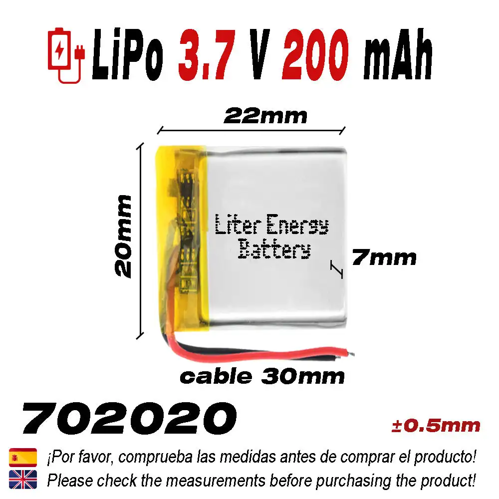 3.7V 200mAh 0.75Wh 1S 5C Liter Energy Battery 702020 Battery for rechargeable electronics portable phone video smartwatch watch GPS-not suitable for Radio Control 22x20x7mm (200mAh702020)