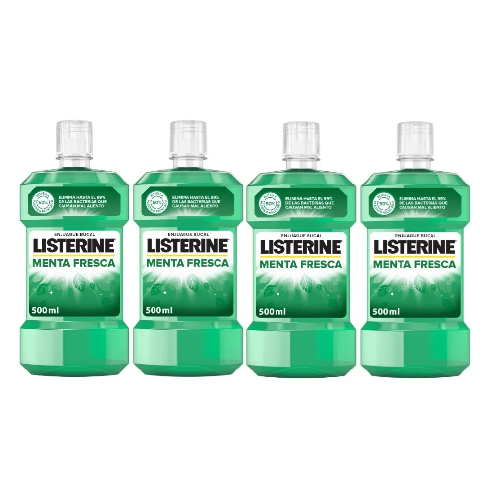 Listerine Enjuague Bucal Menta Fresca 500ml, Pack Ahorro 4x500ml, Colutorio Con Flúor, Ofrece 24 Horas De Protección, Elixir bucal Mentolado Para un Aliento Fresco Duradero