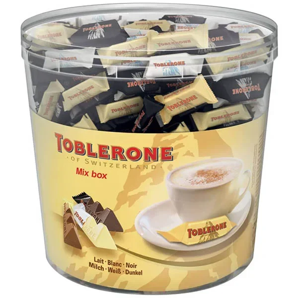 Toblerone Mini Surtido, Cubo de 904g con chocolate negro, con leche y blanco en formato individual