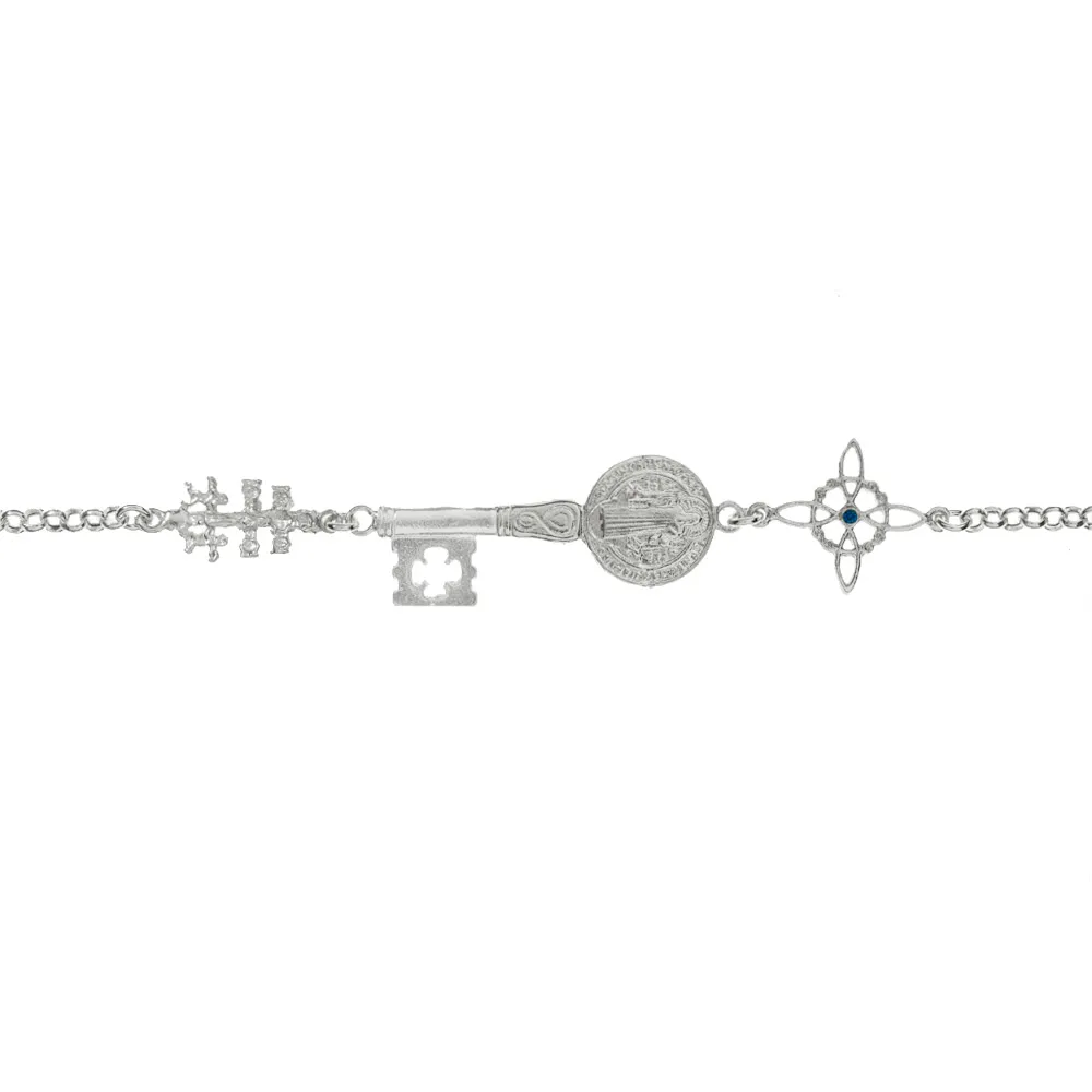 925 Sterling Silver Witch Knot Triple Amulet Protection Bracelet, San Benito Scapular Key and Caravaca Cross-1st Sterling Silver Amulet Bracelet-Jade Jewelry