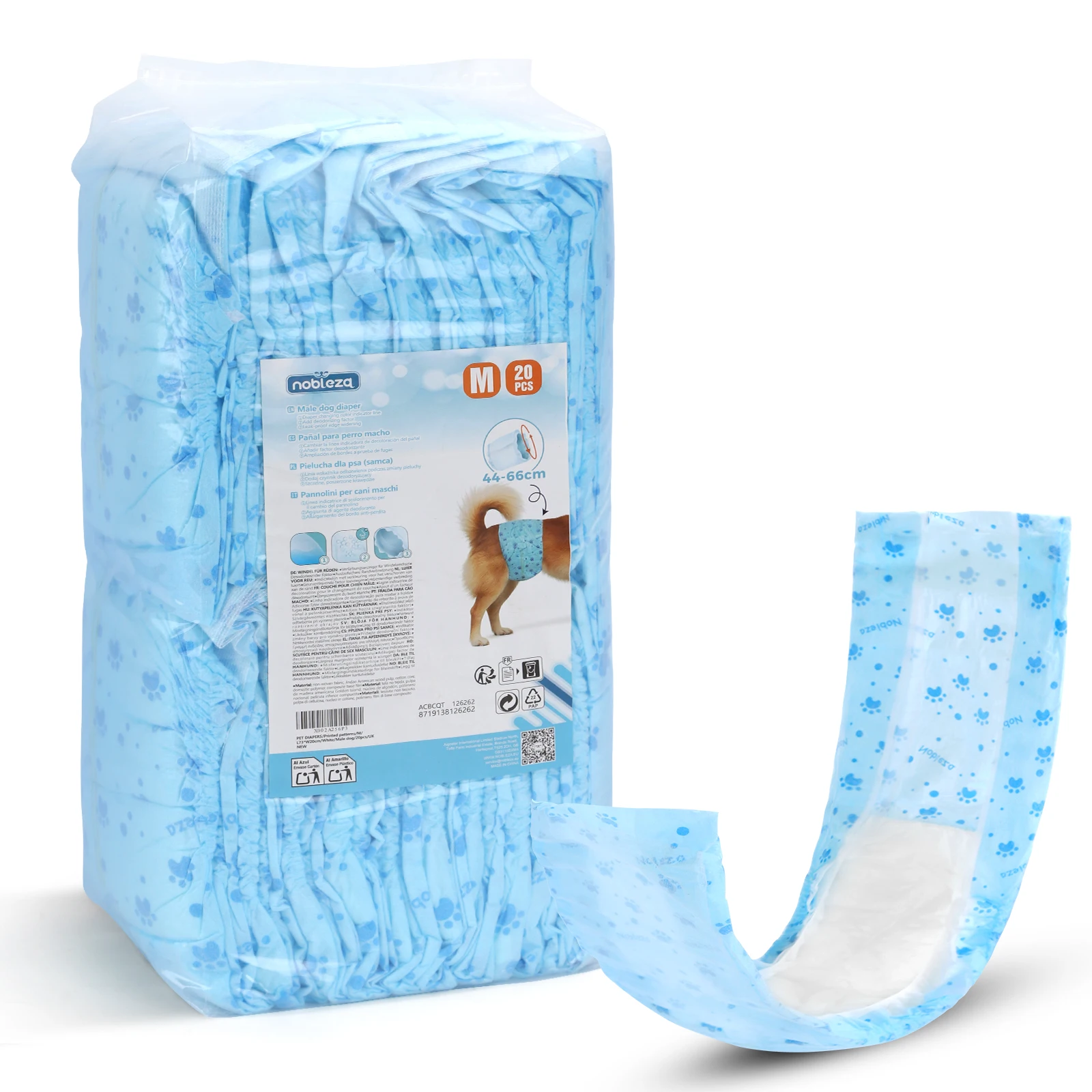 Nobleza pañales para Perros machos, 20 Unidades, envolturas para la Barriga del Perro, con tecnología de Gel de Secado rápido, pañales para Cachorros con incontinencia,Cierres Ajustables Sin Tirones