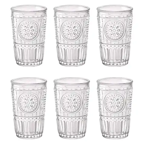 Bormioli Rocco Romantic 6 High Glass Set 34cl Transparent Relief Glasses, perfect for any occasion, made in Italy with recyclable material, combines elegance and functionality for an enhanced drinking experience.