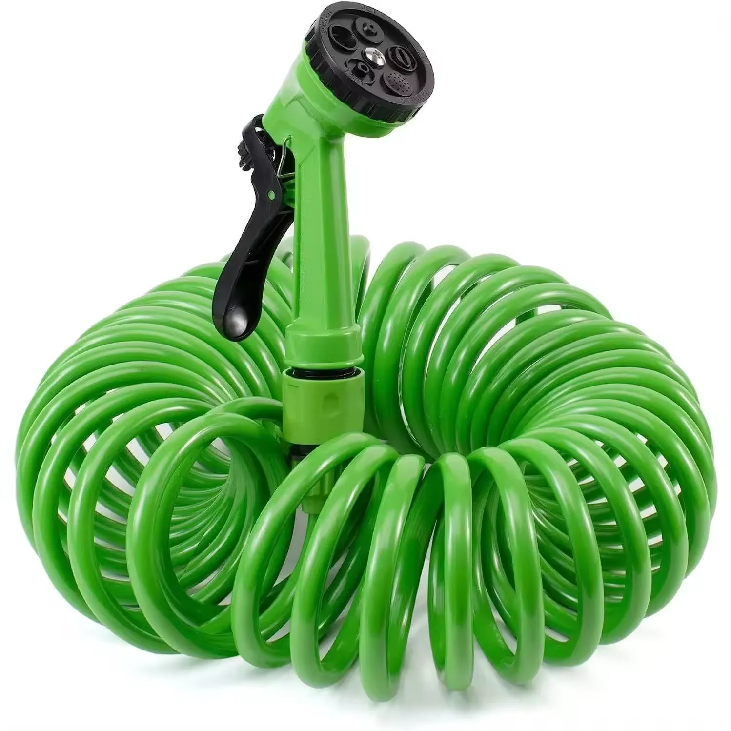 Manguera Flexible de 7,5/10/15 M para Jardín, Manguera extensible en Espiral, Manguera with Pistola de Pulverización With 7 Funcones de Riego, Color Verde, Manguera de Agua Riego Jardín, Terraza,