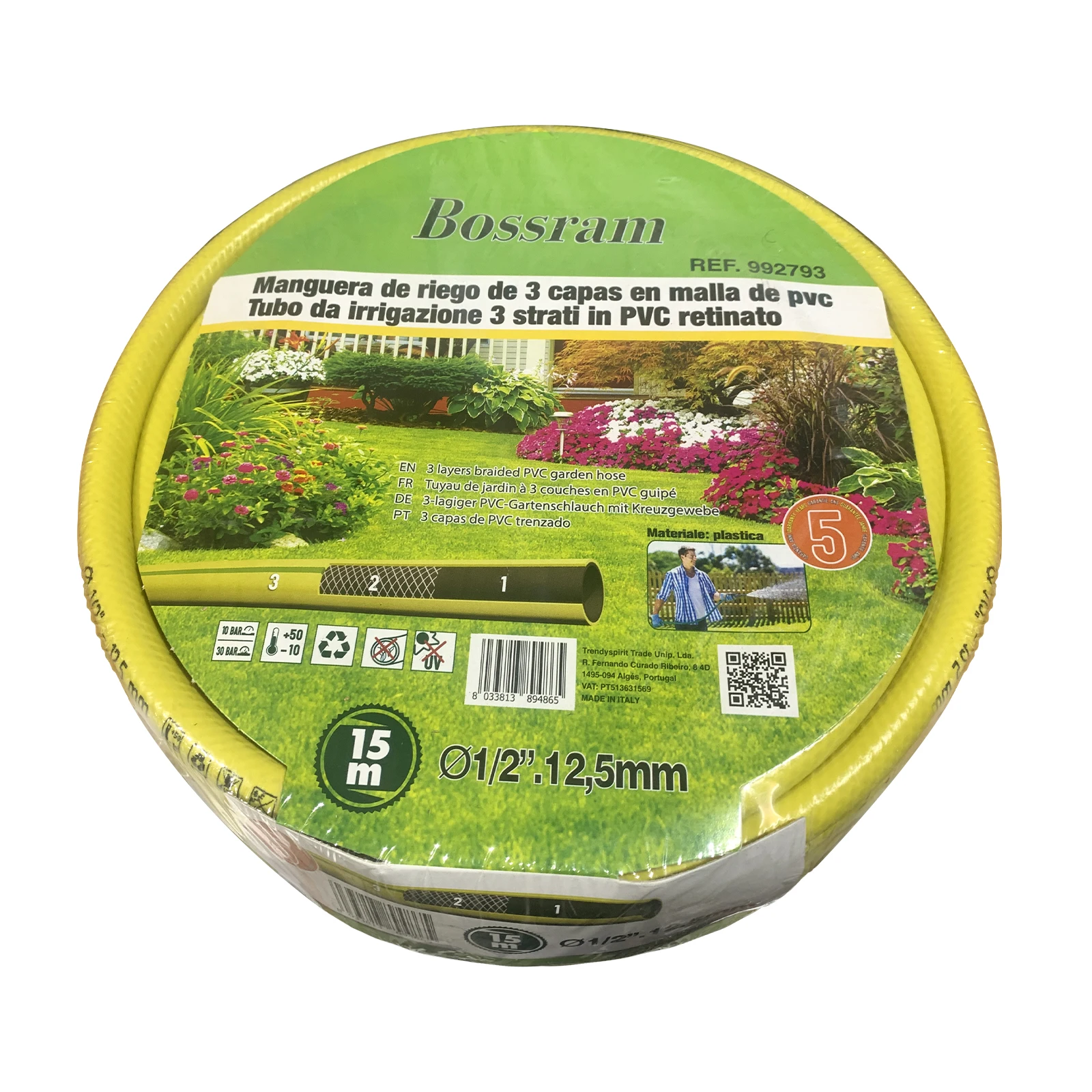 EasySpeed Manguera de Jardín, Tubo Riego PVC 3 Capas Resistentes, Capa Trenzada de Refuerzo, Para Riego y Mantenimiento de Jardines, Para Jardinero, Amarillo, Diametro 1/2", 15m