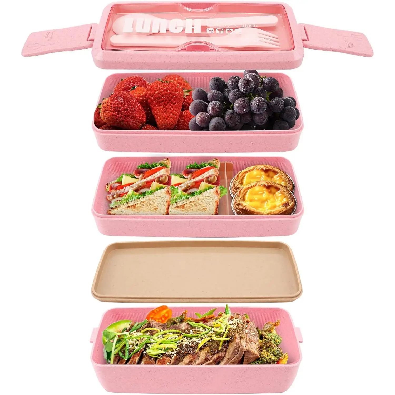 Fiambrera de 3 capas, caja Bento 4 en 1 con tenedor y cuchara, caja de almacenamiento de alimentos de 1000 ml para hombres, mujeres, estudiantes, microondas, lavavajillas, apta disponible (rosa)