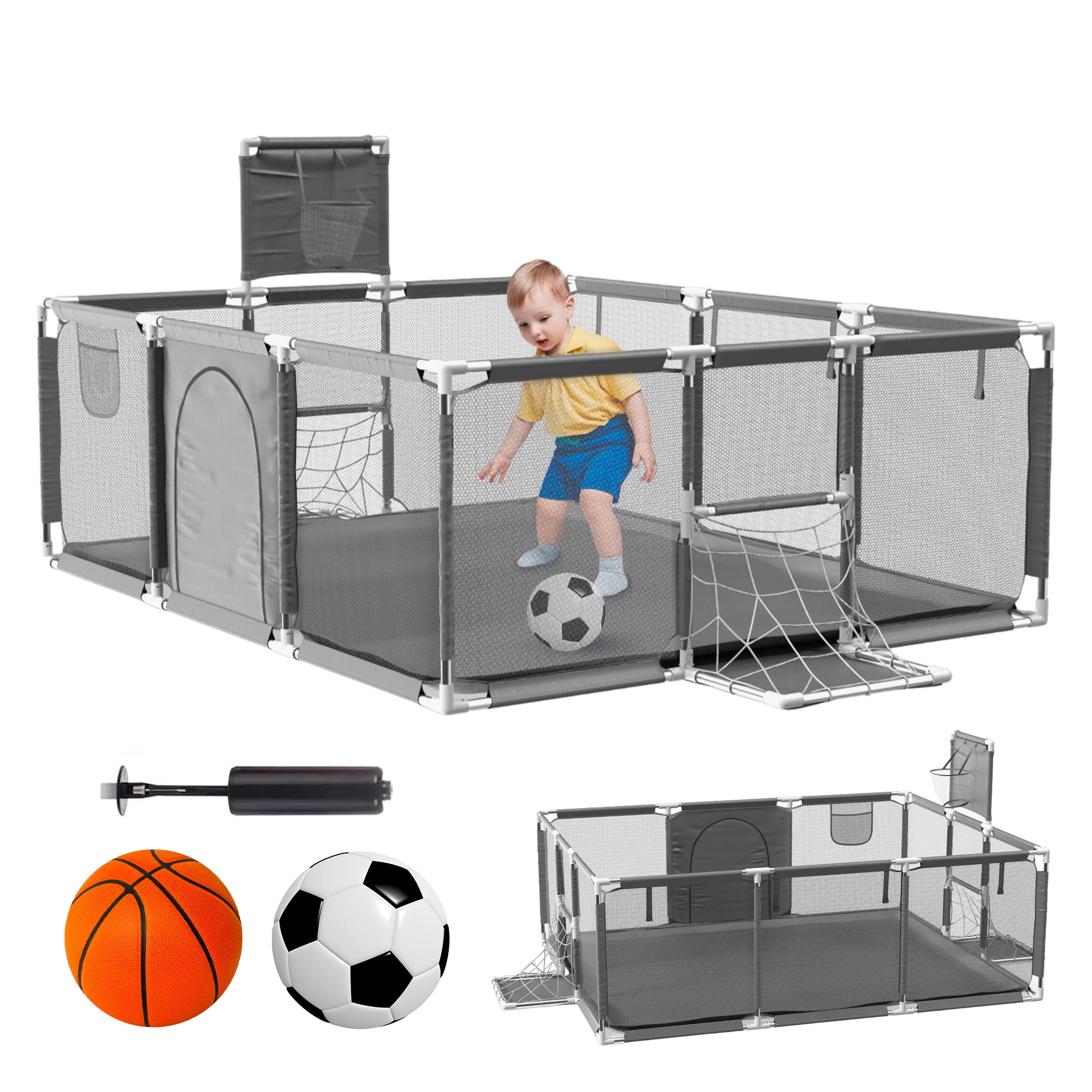 Baby playground + soccer ball and basketball-folding playpen 180x120x60cm-playground with breathable mesh-activity center gym crib