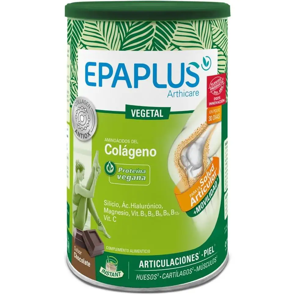 EPAPLUS Arthicare Vegetal Aminoácidos del Colágeno 100% Vegano Silicio (Extracto de Bambú), Ácido Hialurónico, Magnesio, Vitaminas B1, B2, B6, B9 y B12 Nuevo Sabor Chocolate 30 Días