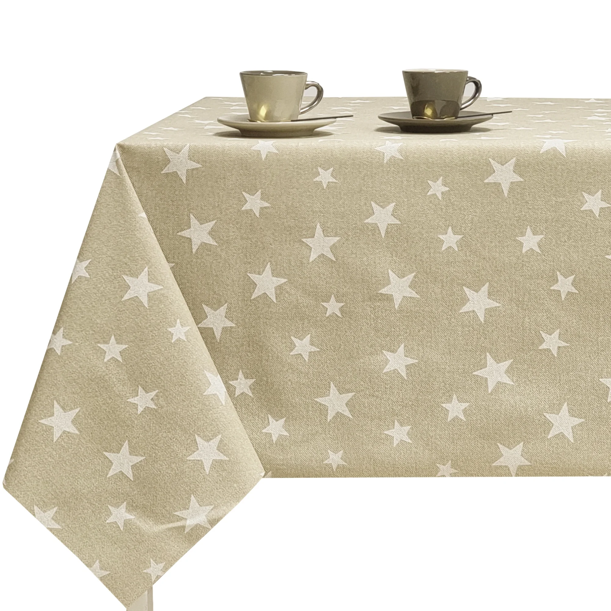 Mantel de tela resinada suave, rectangular, impermeable y fácil de limpiar, con diseño de estrellas beige, ideal para cocina, comedor, salón, balcón, jardín y picnic