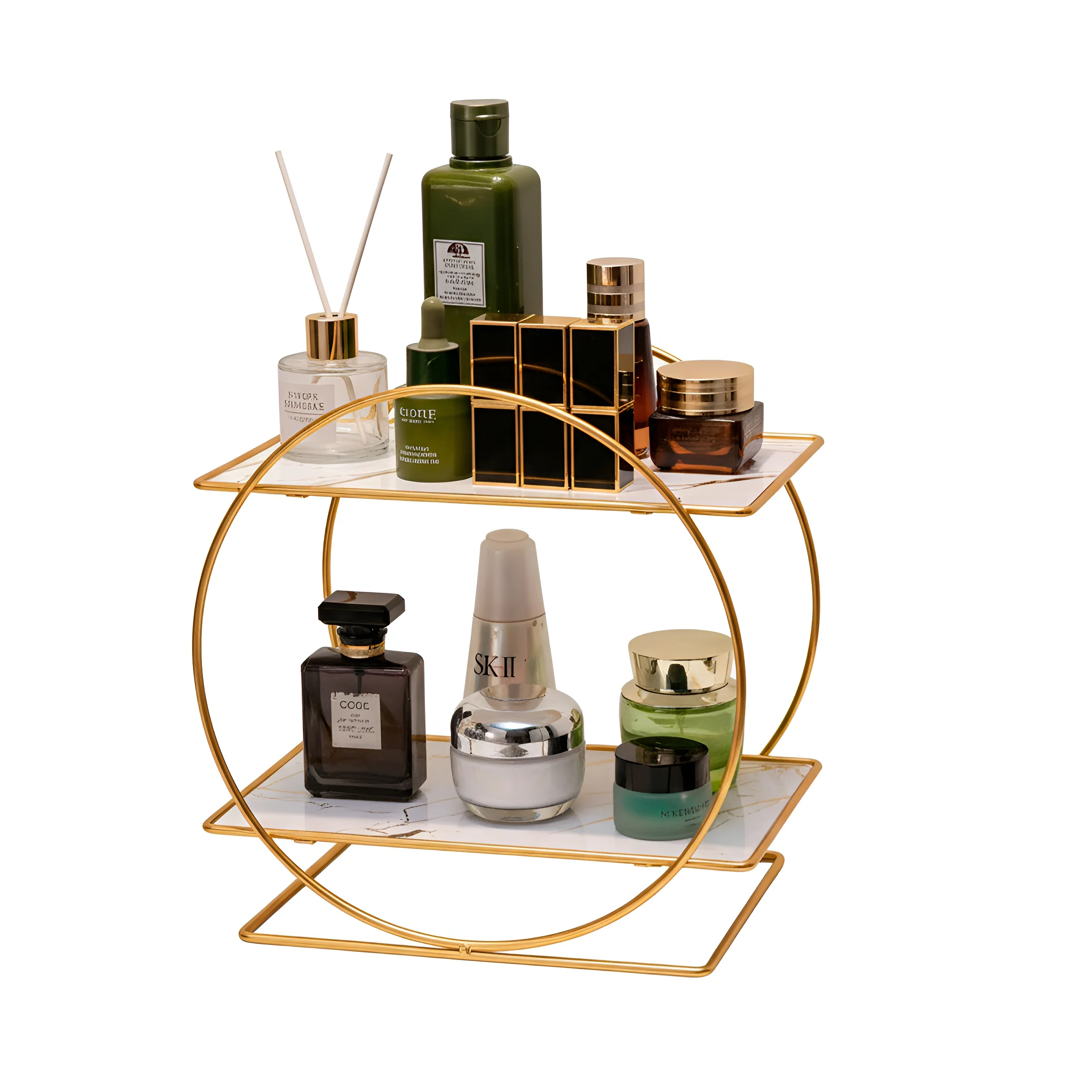 Estantería Organizadora de Maquillaje de Metal con Diseño Circular | Estante Decorativo de Dos Niveles con Bandejas de Efecto Mármol | Ideal para Cosméticos, Perfumes, Cremas o Artículos de Tocador |