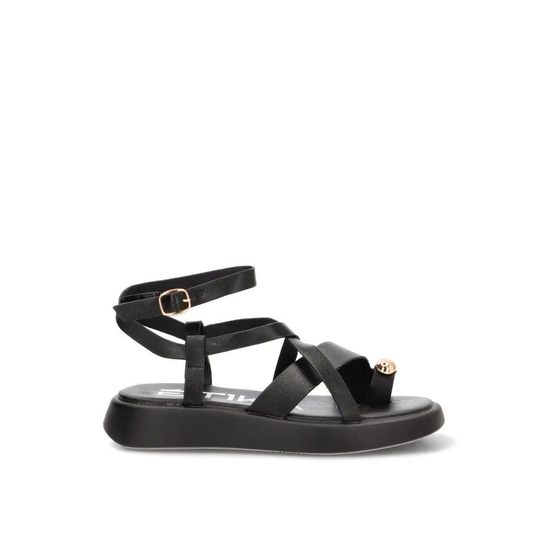 SANDALIA APLIQUE DORADO NEGRO GROTTAZZURRA 10143, ETIKA MUJER, NEGRO