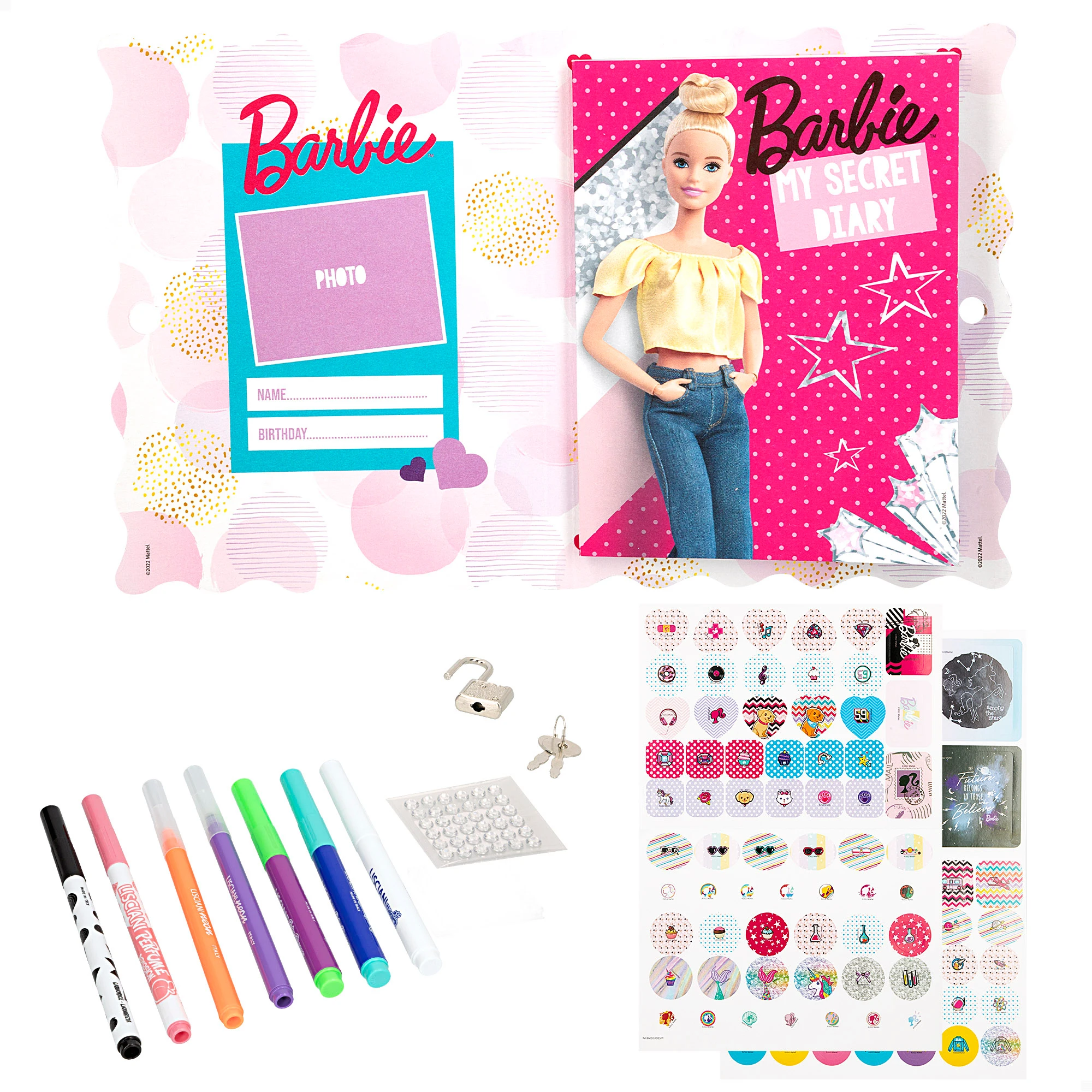 Barbie Diario secreto para niñas con candado y llaves que incluye rotuladores mágicos y pegatinas para escribir y decorar.  Regalos y juguetes para niños y niñas +5 años