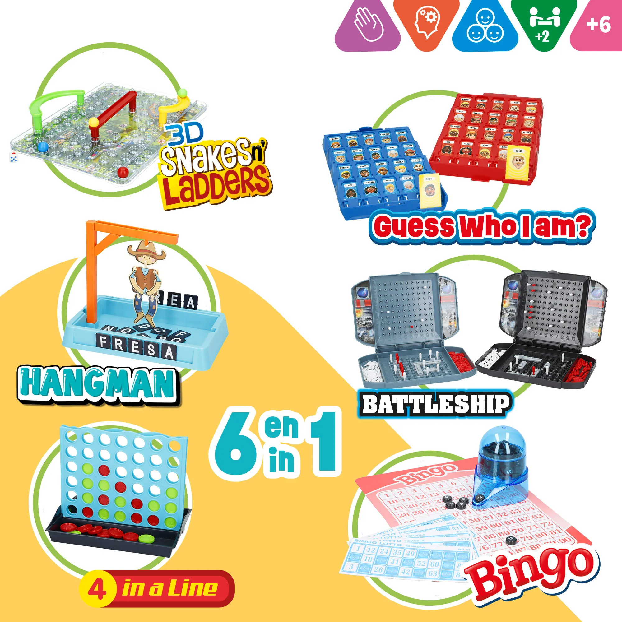 Colorbaby - set of 6 board games, the hungry board game, bingo, snakes and 3d stairs, who is who, sink the fleet, 4 online, for more than 2 players, toys for 6 years old #2
