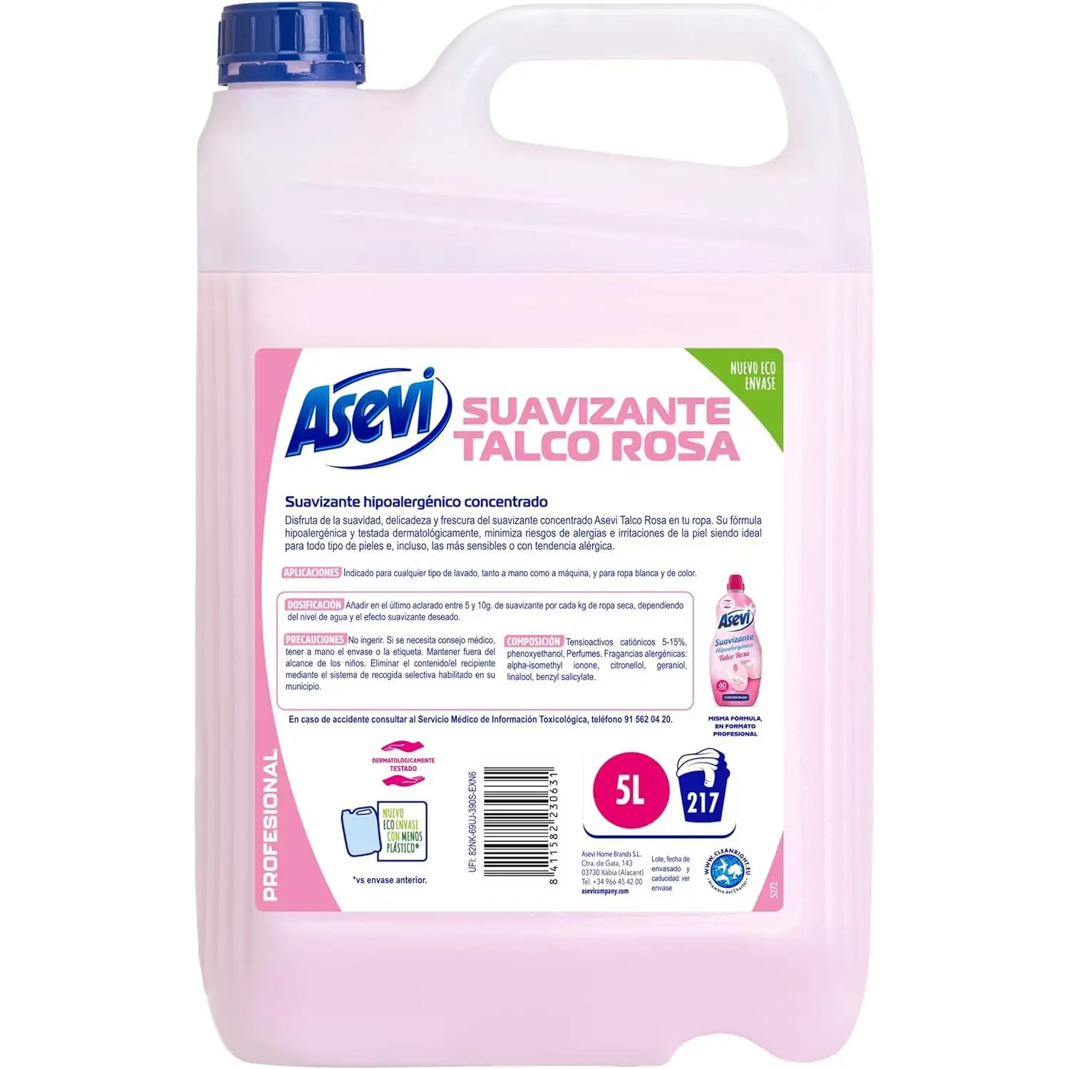 Suavizante Asevi Profesional TALCO ROSA - 5 Litros - 217 Lavados - Suavizante Hipoalergénico Talco Rosa - Suavizante Concentrado - Suavizante de Lavadora para Pieles Sensibles
