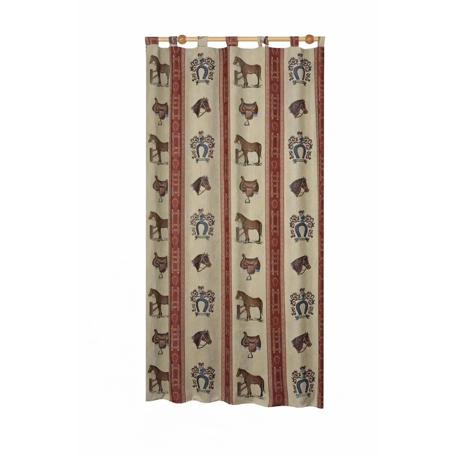 VALENTIA HOME Cortina Alpujarra Herradura Rojo 140x260 cm | Trabillas | Apta para Interior y Exterior | Estilo Rústico Andaluz, Tema Ecuestre