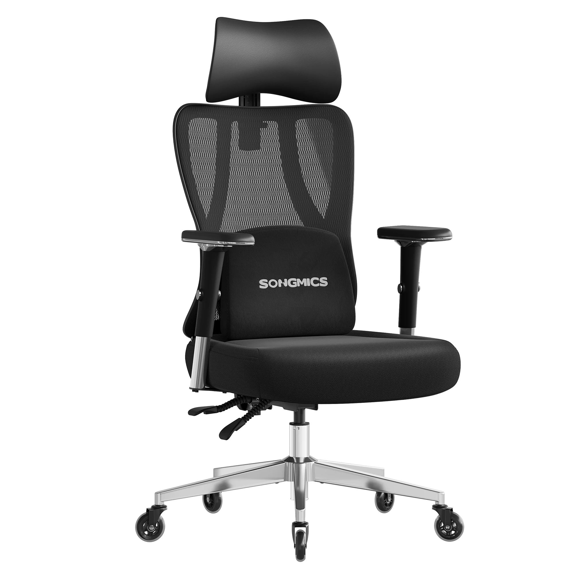 SONGMICS Silla de Oficina Ergonómica, Silla de Escritorio Gaming, Soporte Lumbar y Reposacabezas Ajustables, Reposabrazos, para Distintas Alturas, Carga 150 kg, Negro Tinta