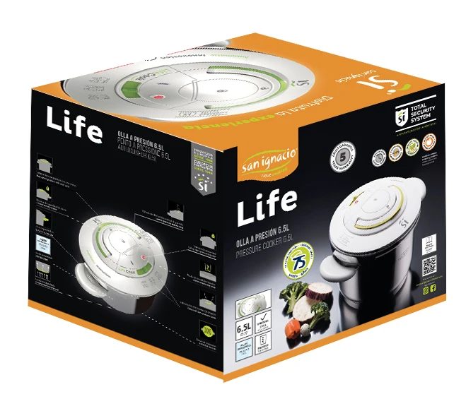 San Ignacio LIFECOOK 6.5L Stainless Steel Pressure Cooker, 22cm - Versatile cooking for frying, steaming, and pressure cooking with energy-saving features and a total security system for safe usage.