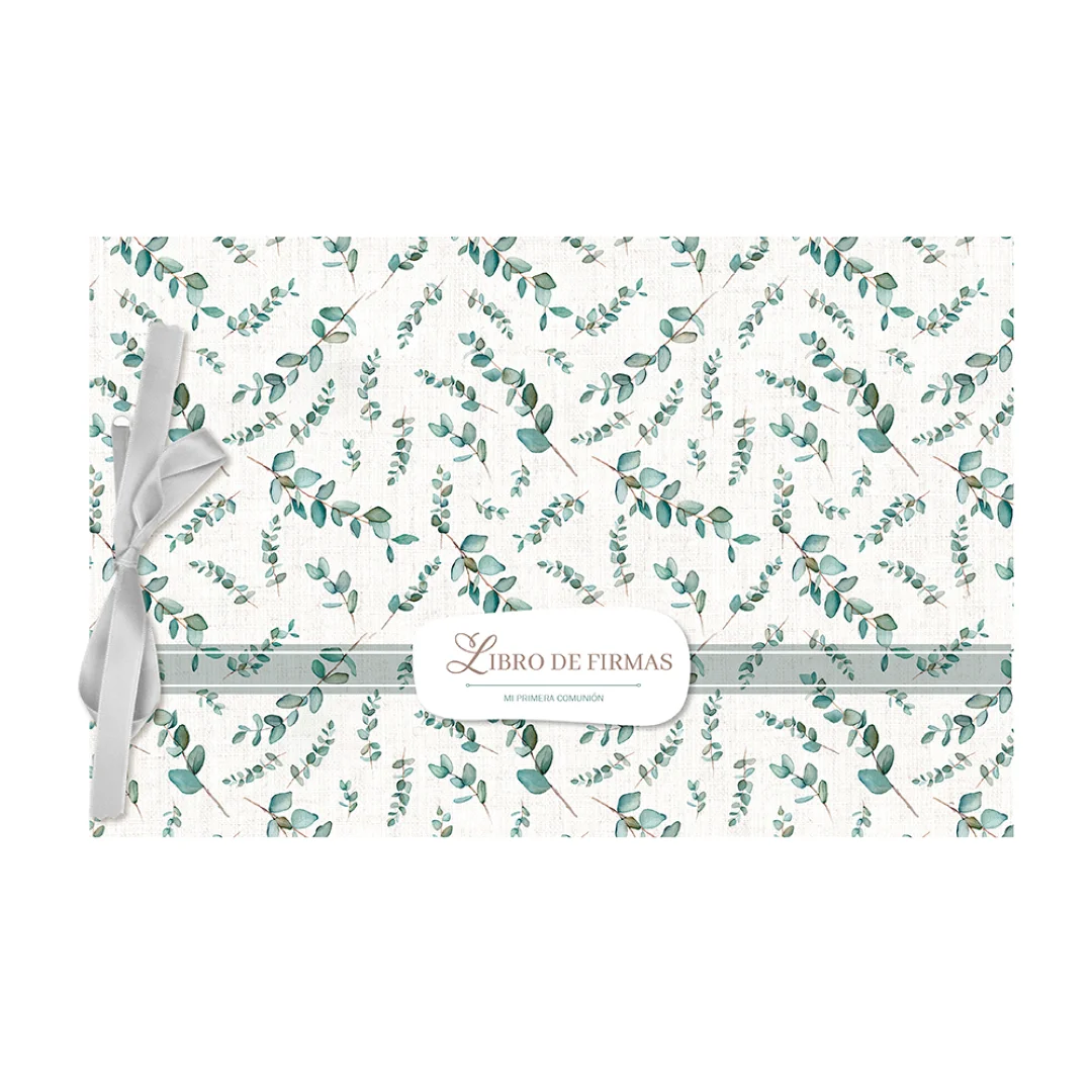 Demark-Libro de Firmas Comunión Demark 30x20 cm - Álbum con Lazo y Papel Perlado 250g - Diseño Eucalipto para Niña/Niño - 10 o 20 Hojas Blancas - Modelo LF235