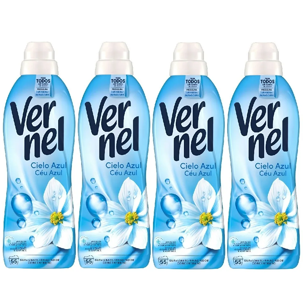 Vernel Suavizante Concentrado Cielo Azul 55 Lavados, Pack 4x55 Total 220 Dosis, Perfume Duradero, Suavizante Liquido Para Lavadora, Ropa Suave