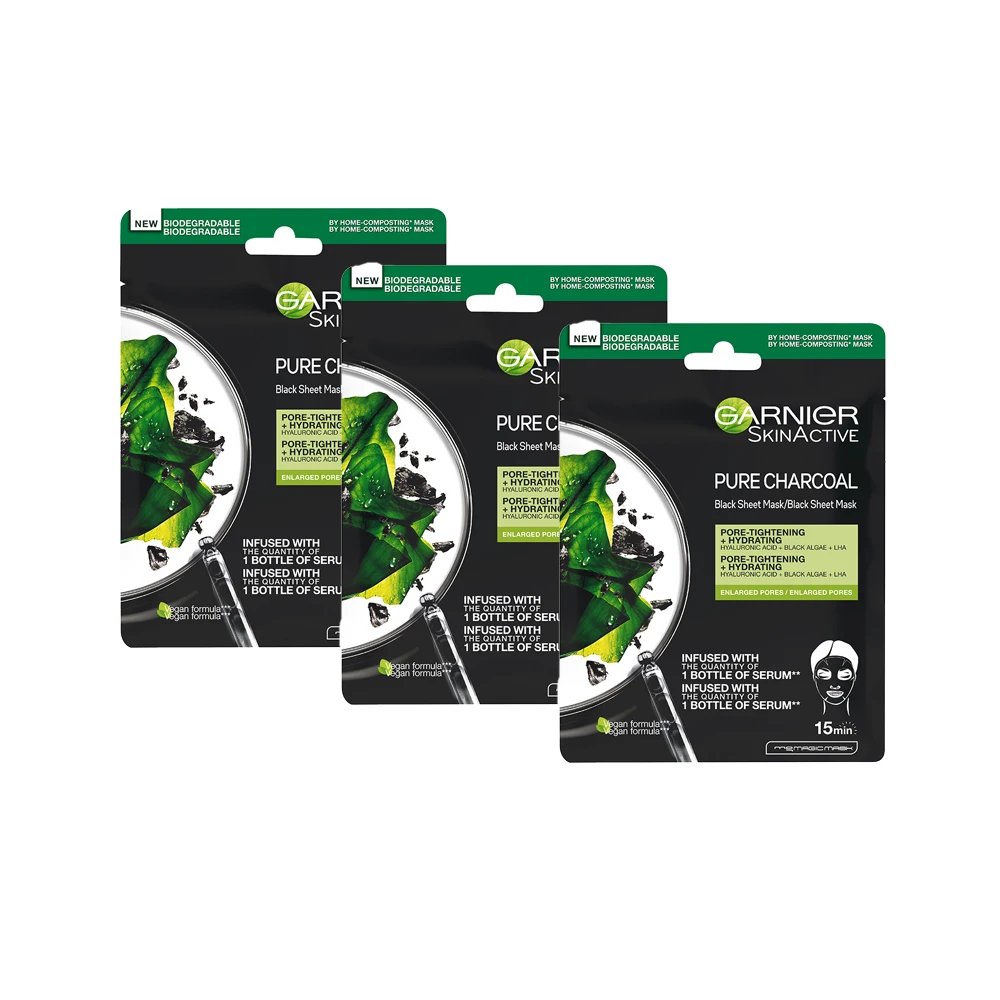 Garnier Skin Active Black Mask Tissu Pure Charcoal – Mascarilla de tejido con extracto de alga negra y ácido hialurónico para pieles con poros dilatados