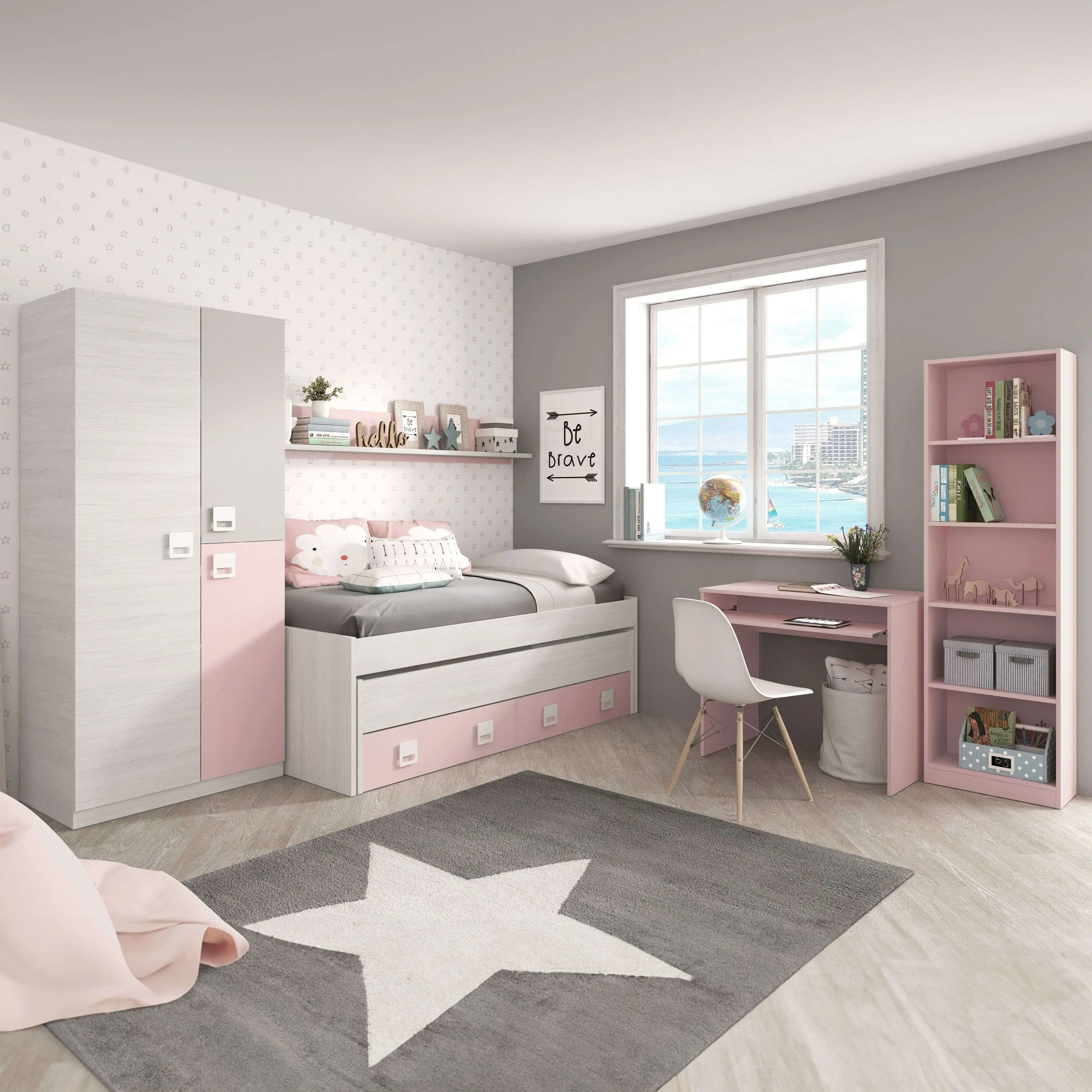 Miroytengo Pack Habitación Juvenil Completa con Cama nido con Somieres (90×190/90×180) + Armario 3 puertas +Escritorio + Estantería, Color Rosa, Blanco y Gris