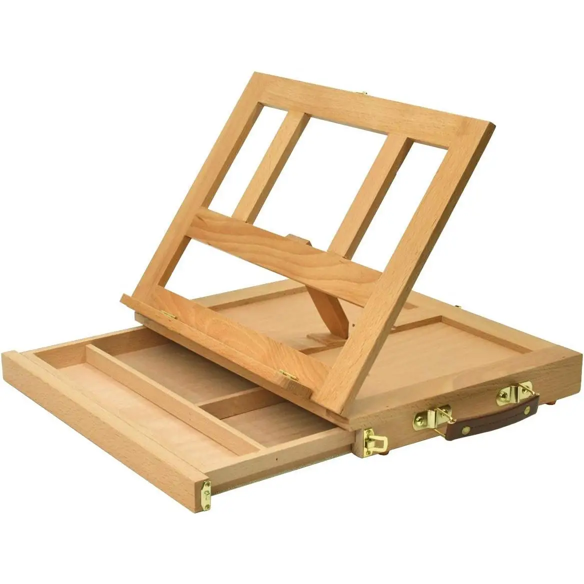 MEJORADA Caballete de Escritorio Maletín con Compartimento y Tabla de Dibujo, Soporte de Madera Ajustable con Cajón para Libros, Tablet y Portátil (Natural, 34 x 27cm)